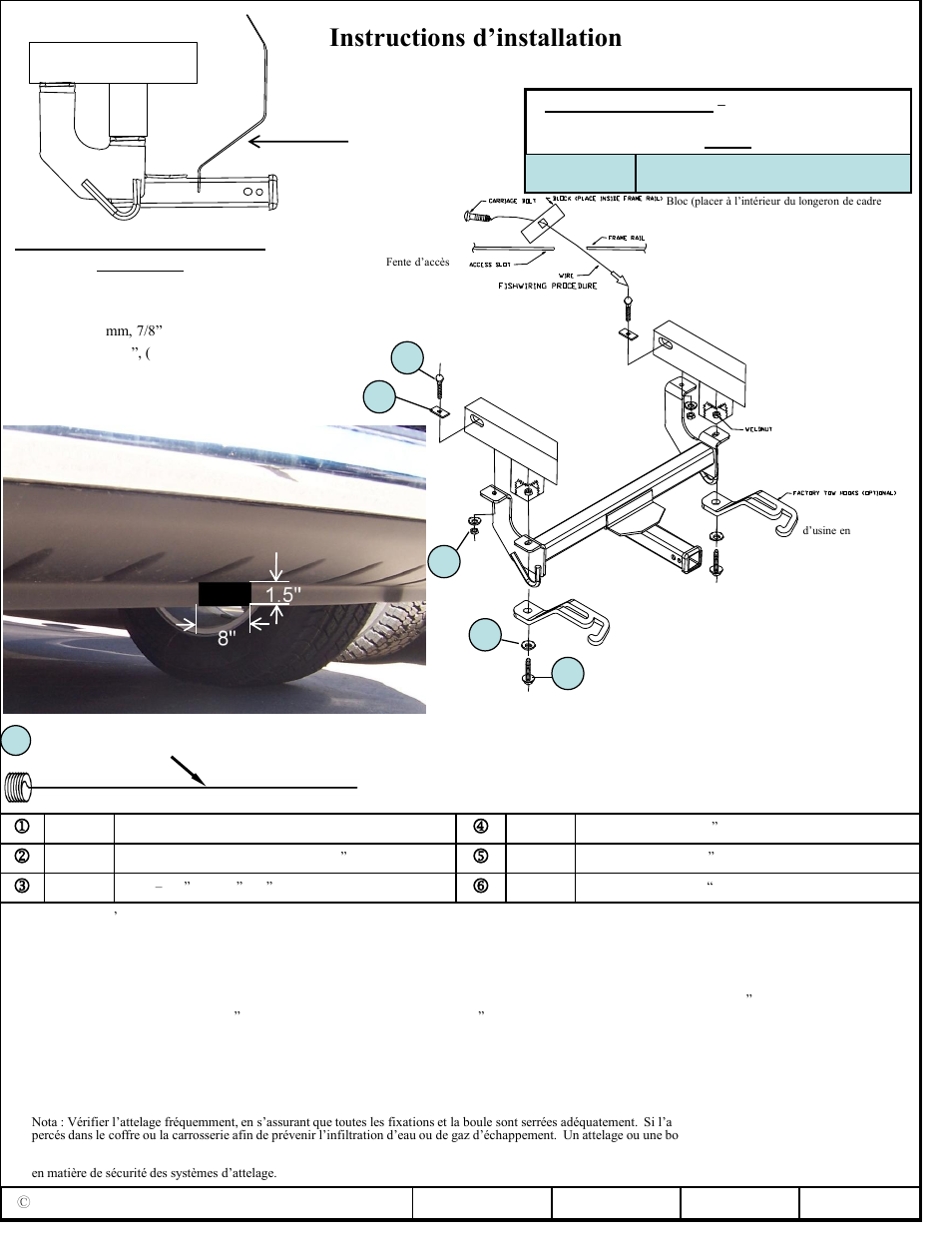 Instructions d’installation, Numéros de pièce, Attelage montré dans la position appropriée | Draw-Tite 65062 FRONT MOUNT RECEIVER User Manual | Page 2 / 3
