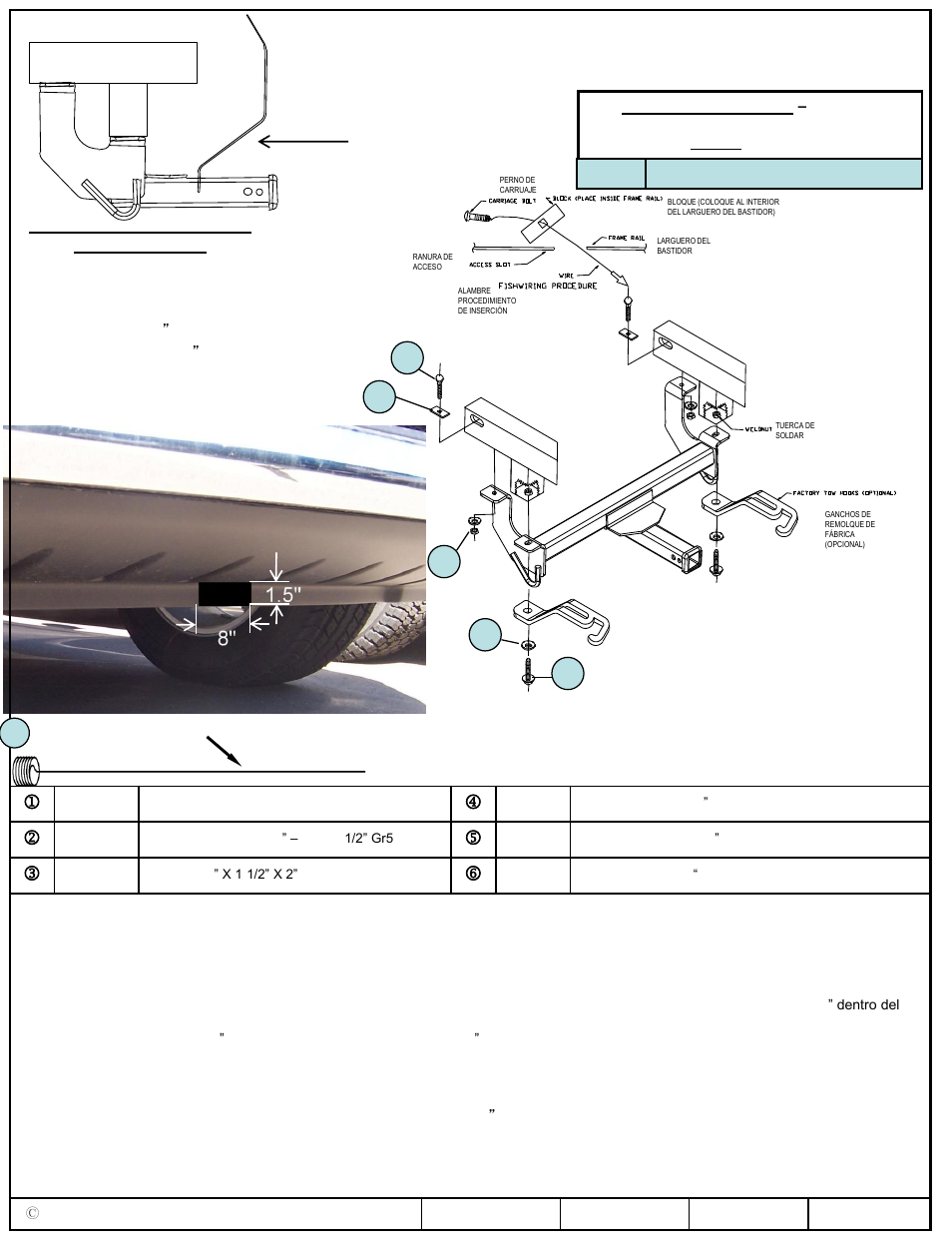 Instrucciones de instalación, Números de partes, El enganche se muestra en la posición correcta | Draw-Tite 65062 FRONT MOUNT RECEIVER User Manual | Page 3 / 3