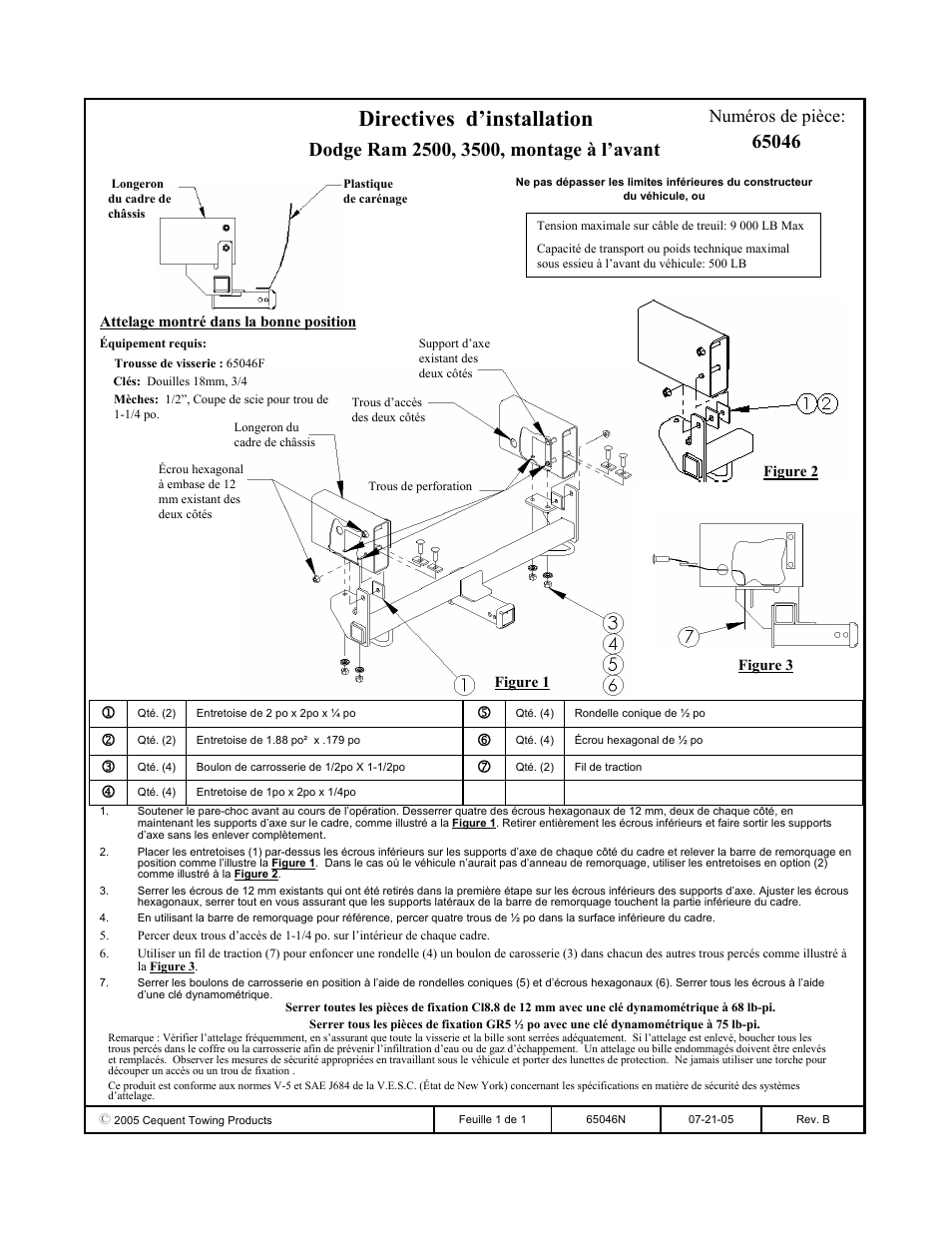 Directives d’installation, Numéros de pièce | Draw-Tite 65046 FRONT MOUNT RECEIVER User Manual | Page 2 / 3