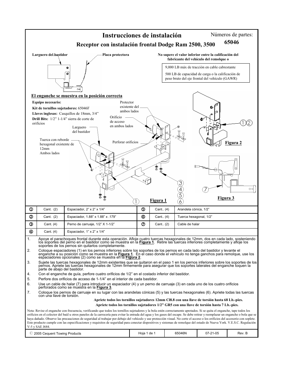 Instrucciones de instalación, Números de partes | Draw-Tite 65046 FRONT MOUNT RECEIVER User Manual | Page 3 / 3