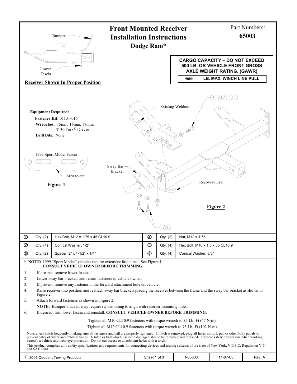 Draw-Tite 65003 FRONT MOUNT RECEIVER User Manual | 3 pages