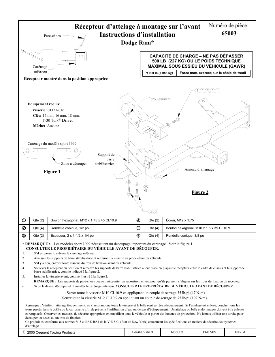 Dodge ram, Numéro de pièce | Draw-Tite 65003 FRONT MOUNT RECEIVER User Manual | Page 2 / 3