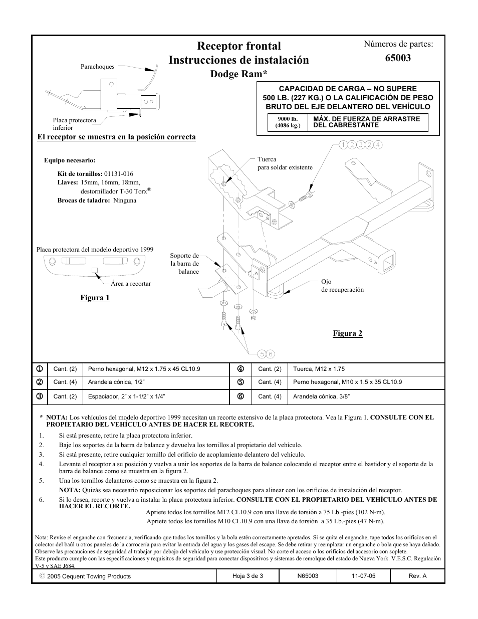 Receptor frontal instrucciones de instalación, Dodge ram, Números de partes | Draw-Tite 65003 FRONT MOUNT RECEIVER User Manual | Page 3 / 3