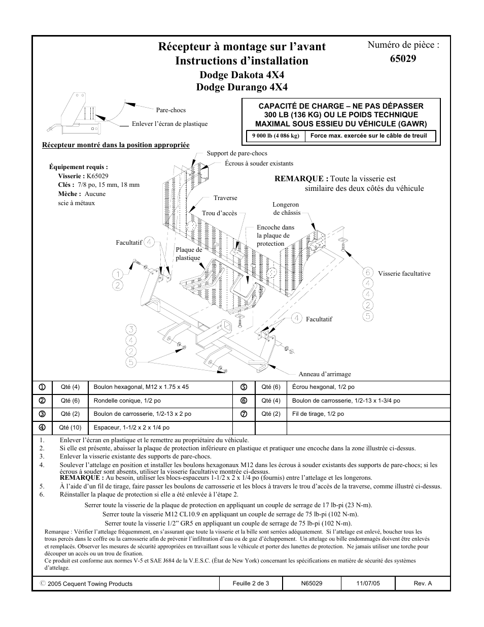 Dodge dakota 4x4 dodge durango 4x4, Numéro de pièce | Draw-Tite 65029 FRONT MOUNT RECEIVER User Manual | Page 2 / 3