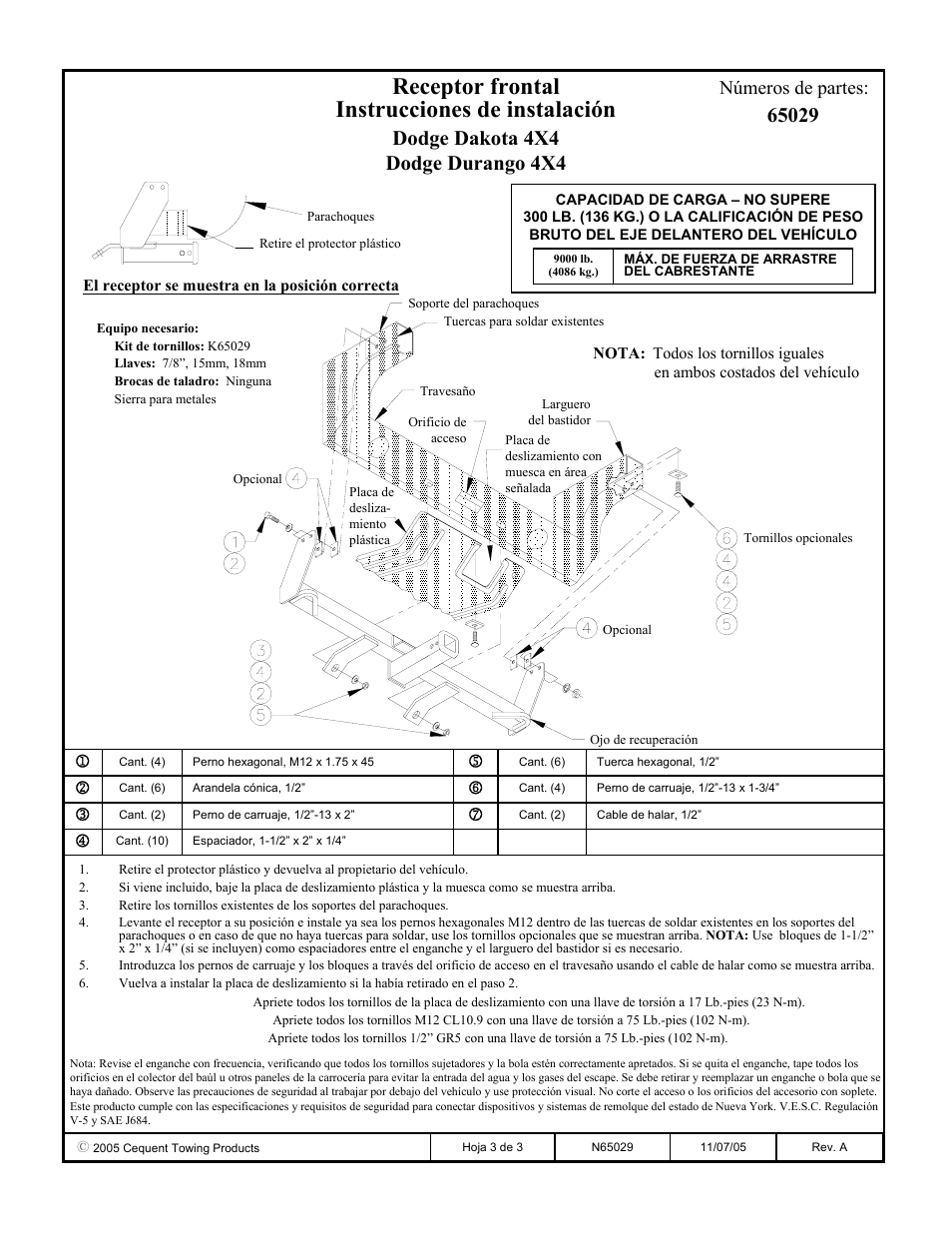 Receptor frontal instrucciones de instalación, Dodge dakota 4x4 dodge durango 4x4, Números de partes | Draw-Tite 65029 FRONT MOUNT RECEIVER User Manual | Page 3 / 3