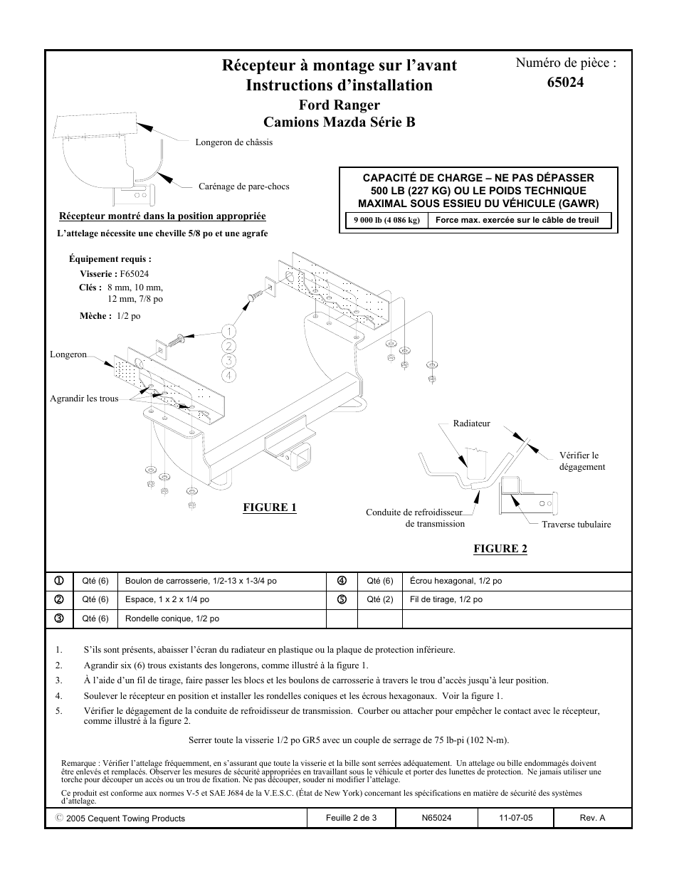 Ford ranger camions mazda série b, Numéro de pièce | Draw-Tite 65024 FRONT MOUNT RECEIVER User Manual | Page 2 / 3