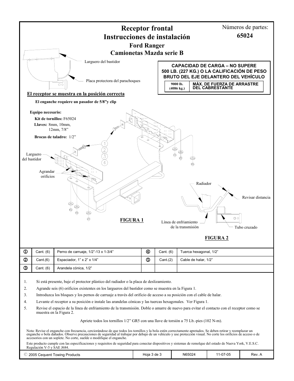 Receptor frontal instrucciones de instalación, Ford ranger camionetas mazda serie b, Números de partes | Draw-Tite 65024 FRONT MOUNT RECEIVER User Manual | Page 3 / 3