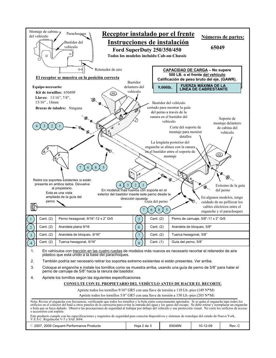 Números de partes | Draw-Tite 65049 FRONT MOUNT RECEIVER User Manual | Page 2 / 3