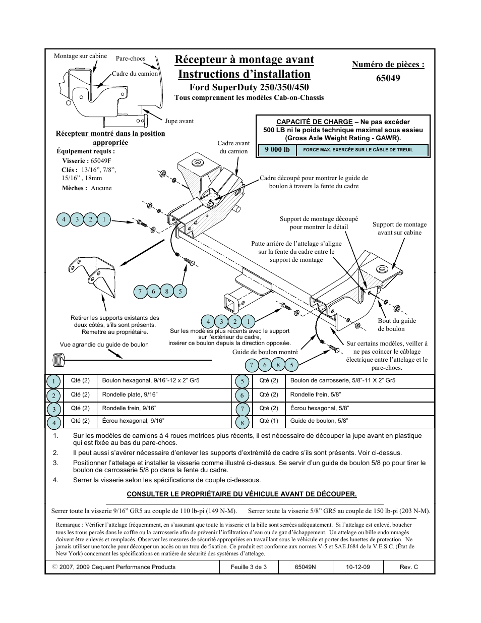 Numéro de pièces | Draw-Tite 65049 FRONT MOUNT RECEIVER User Manual | Page 3 / 3