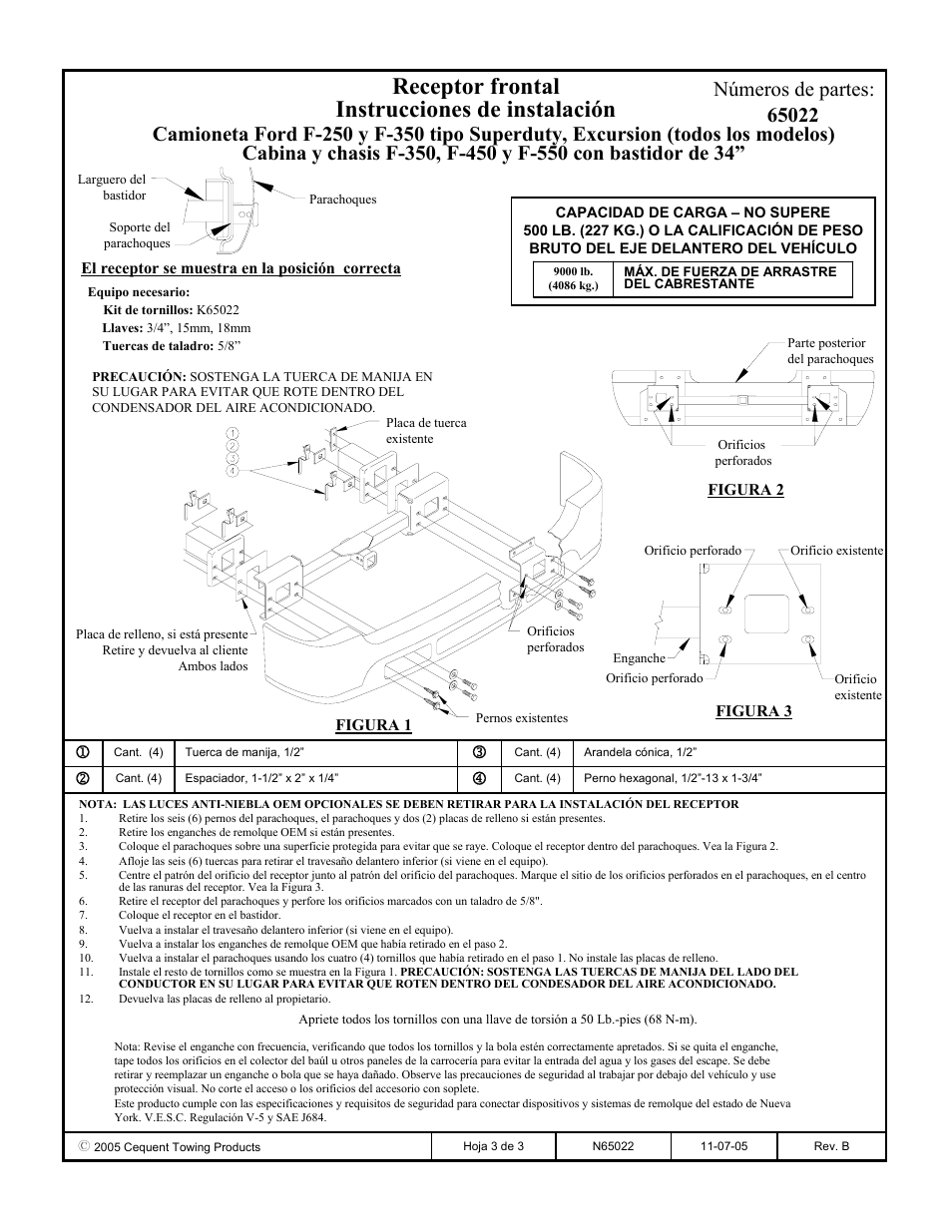 Receptor frontal instrucciones de instalación | Draw-Tite 65022 FRONT MOUNT RECEIVER User Manual | Page 3 / 3