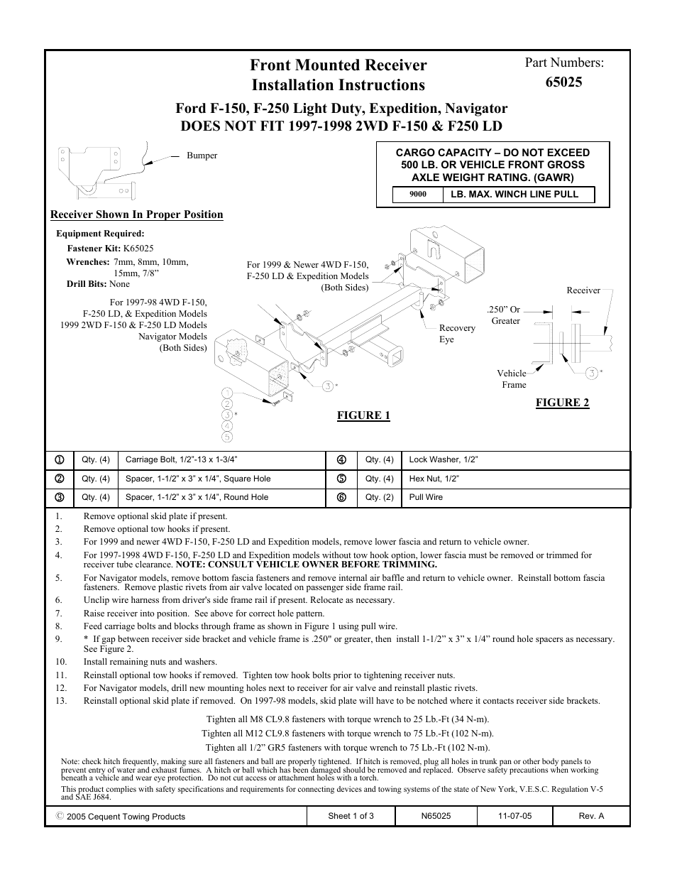 Draw-Tite 65025 FRONT MOUNT RECEIVER User Manual | 3 pages