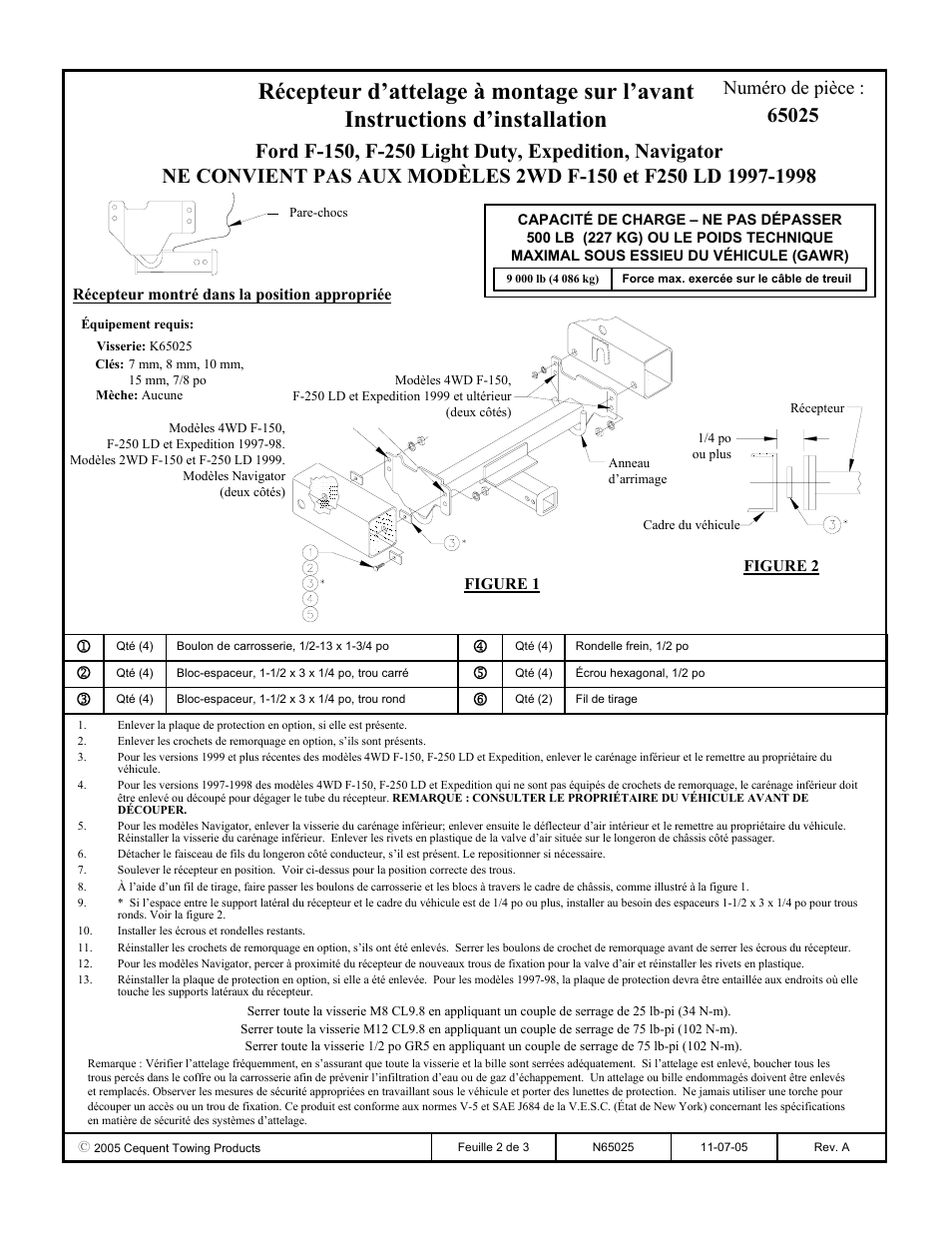 Numéro de pièce | Draw-Tite 65025 FRONT MOUNT RECEIVER User Manual | Page 2 / 3