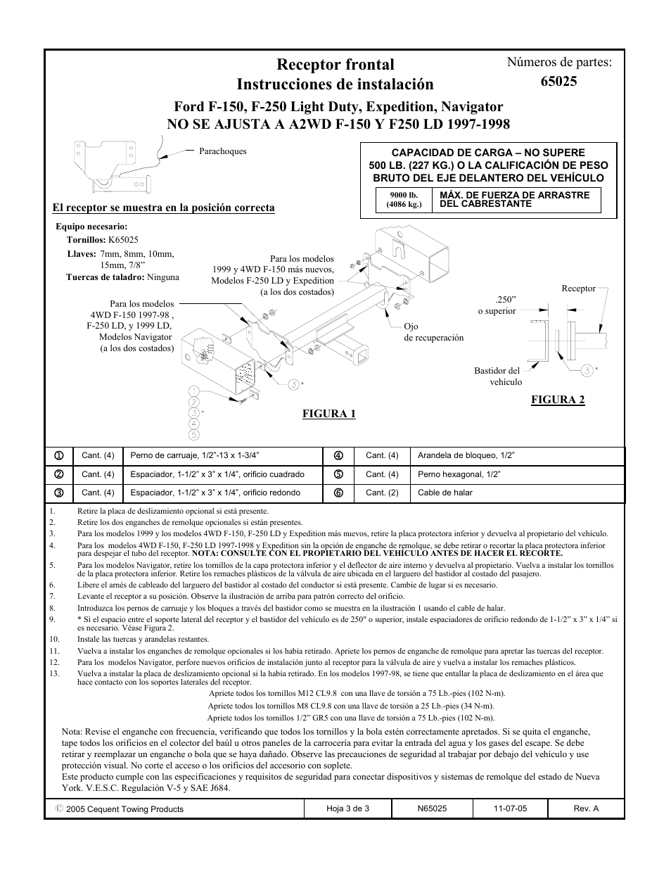 Receptor frontal instrucciones de instalación, Números de partes | Draw-Tite 65025 FRONT MOUNT RECEIVER User Manual | Page 3 / 3