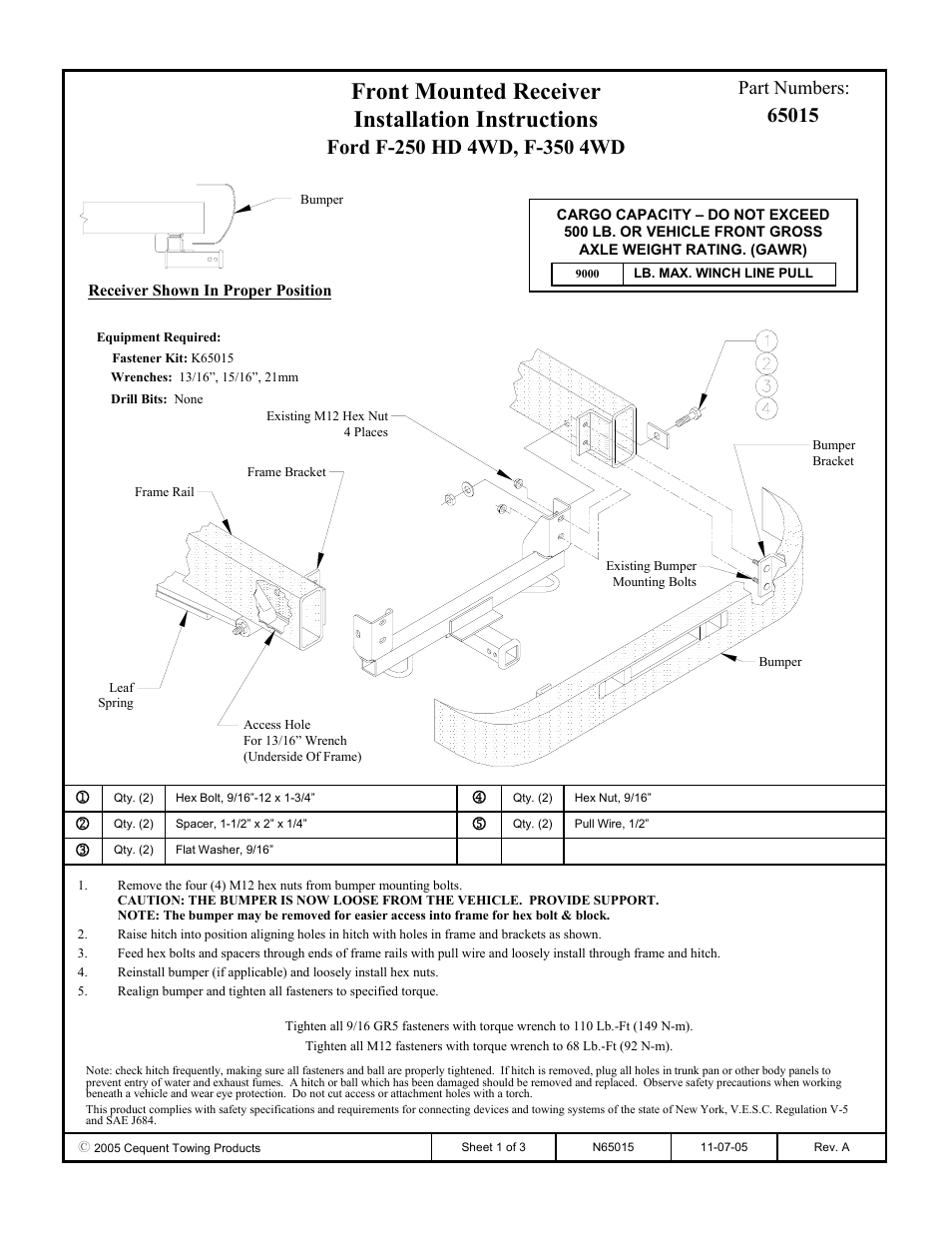 Draw-Tite 65015 FRONT MOUNT RECEIVER User Manual | 3 pages
