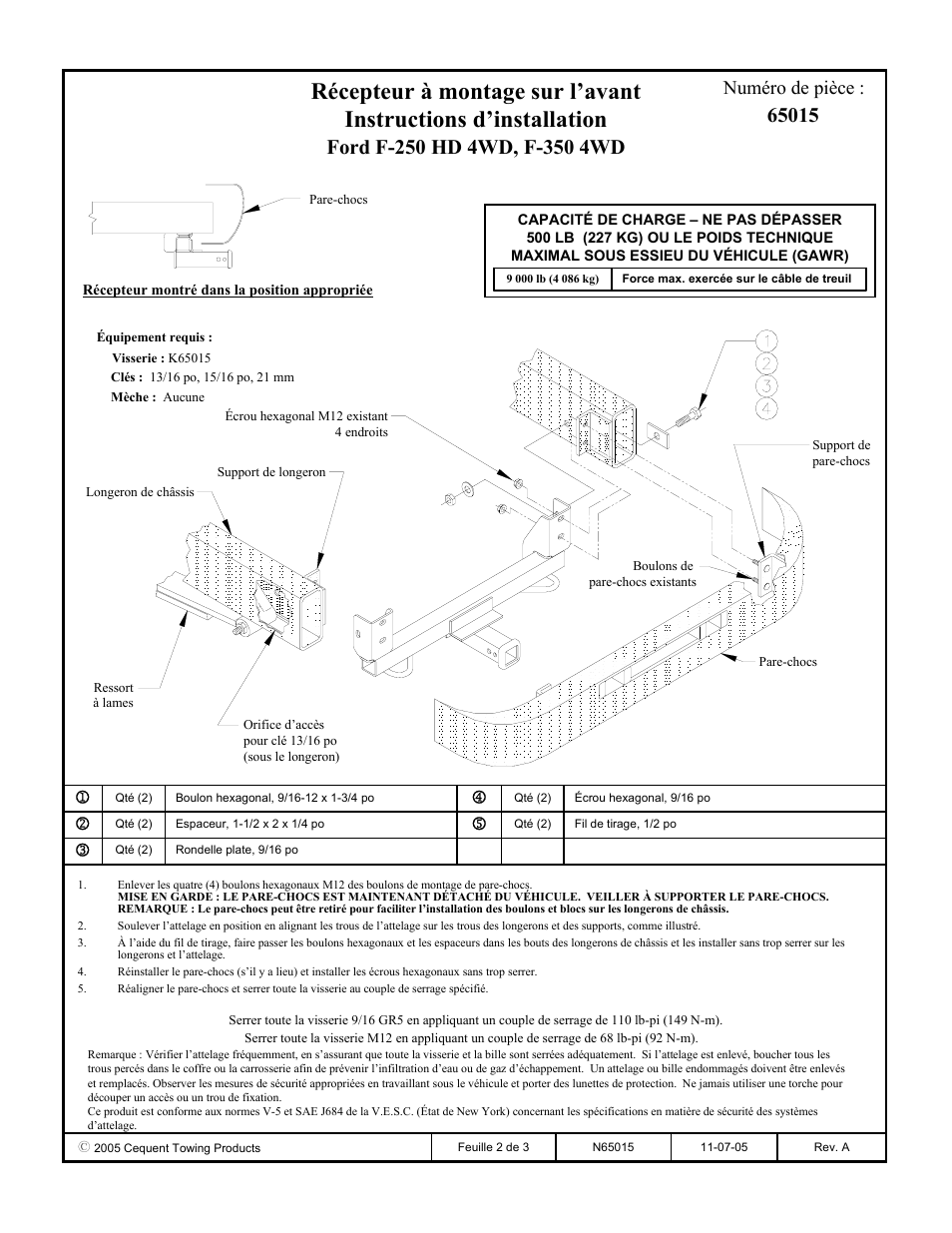 Numéro de pièce | Draw-Tite 65015 FRONT MOUNT RECEIVER User Manual | Page 2 / 3