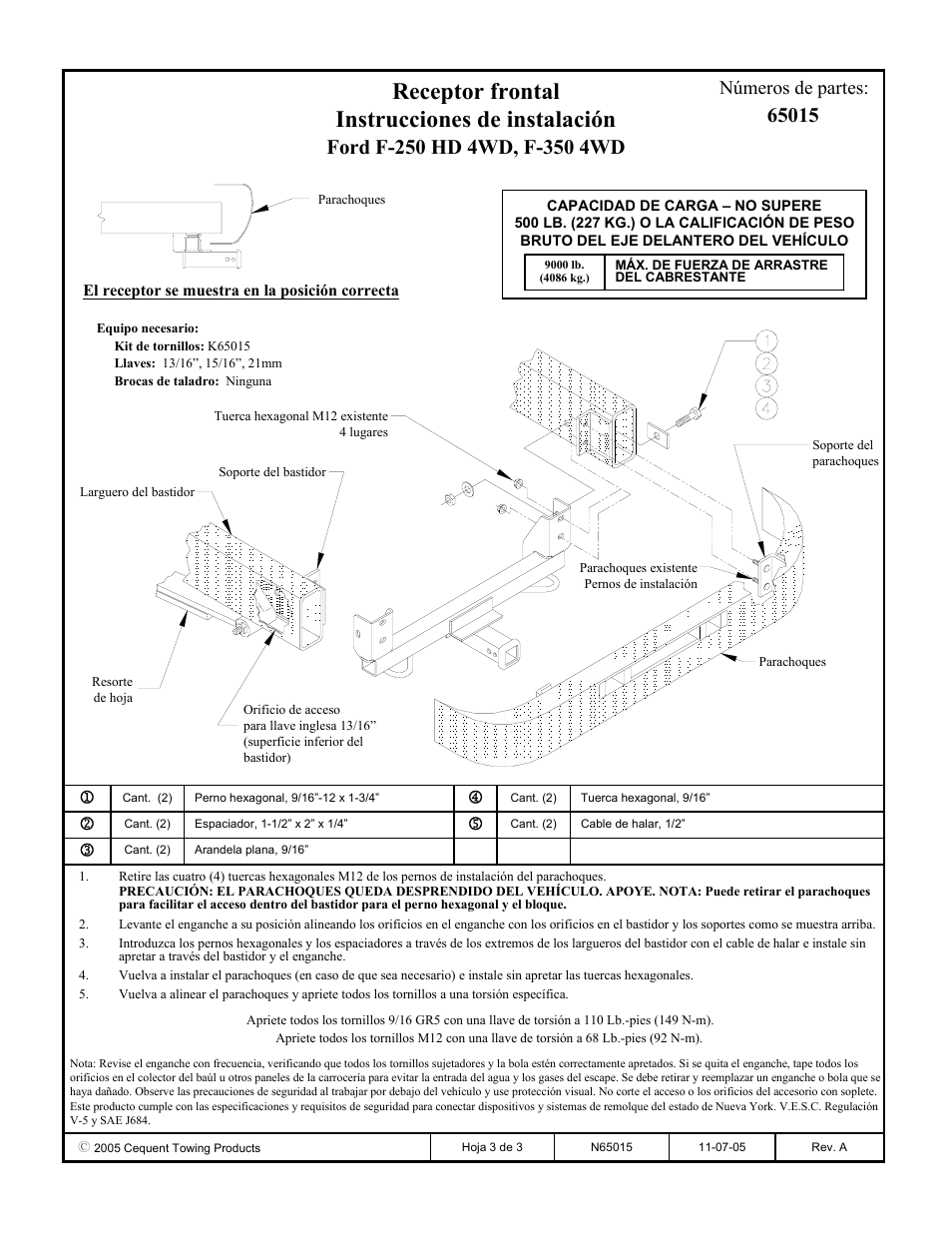 Receptor frontal instrucciones de instalación, Números de partes | Draw-Tite 65015 FRONT MOUNT RECEIVER User Manual | Page 3 / 3