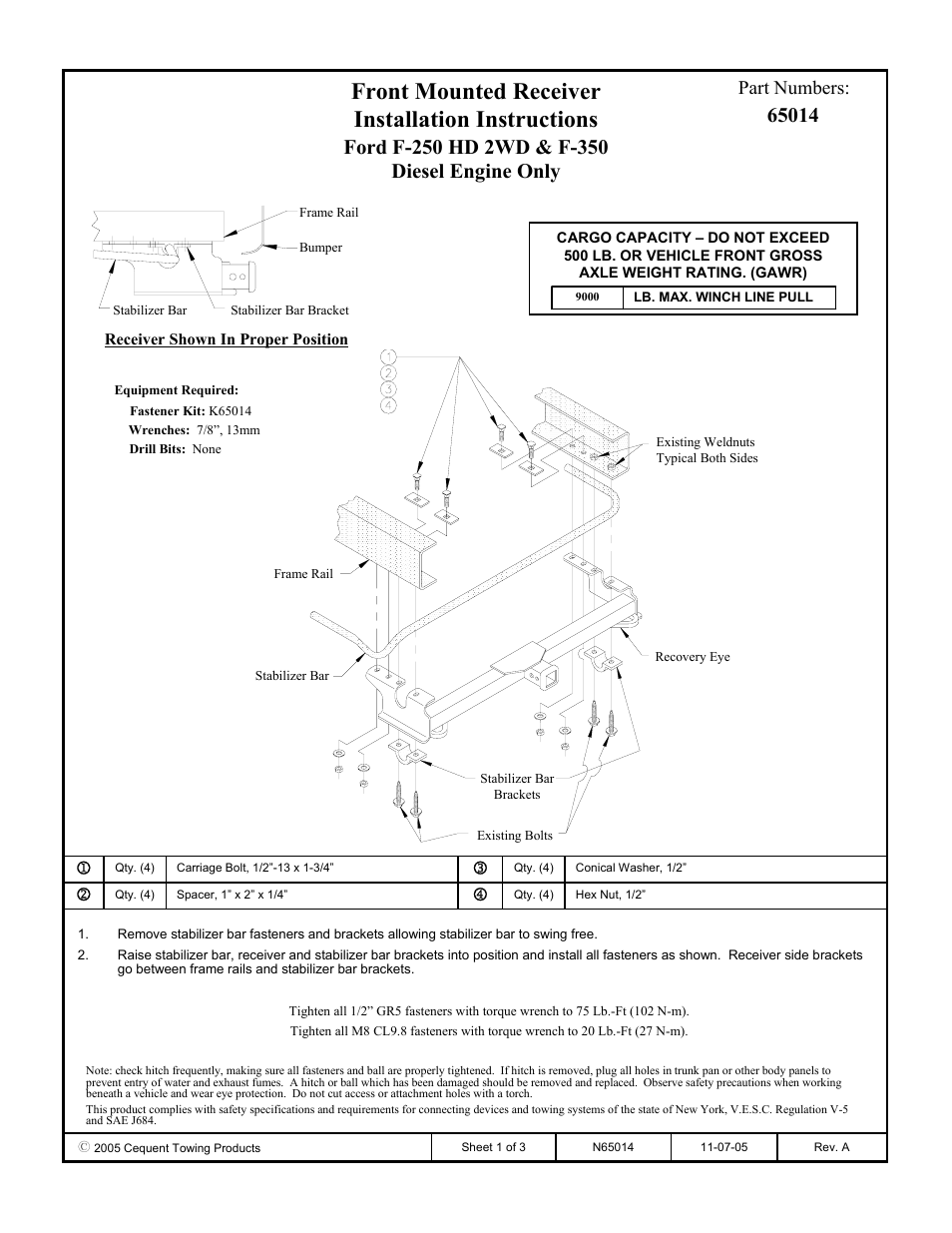 Draw-Tite 65014 FRONT MOUNT RECEIVER User Manual | 3 pages