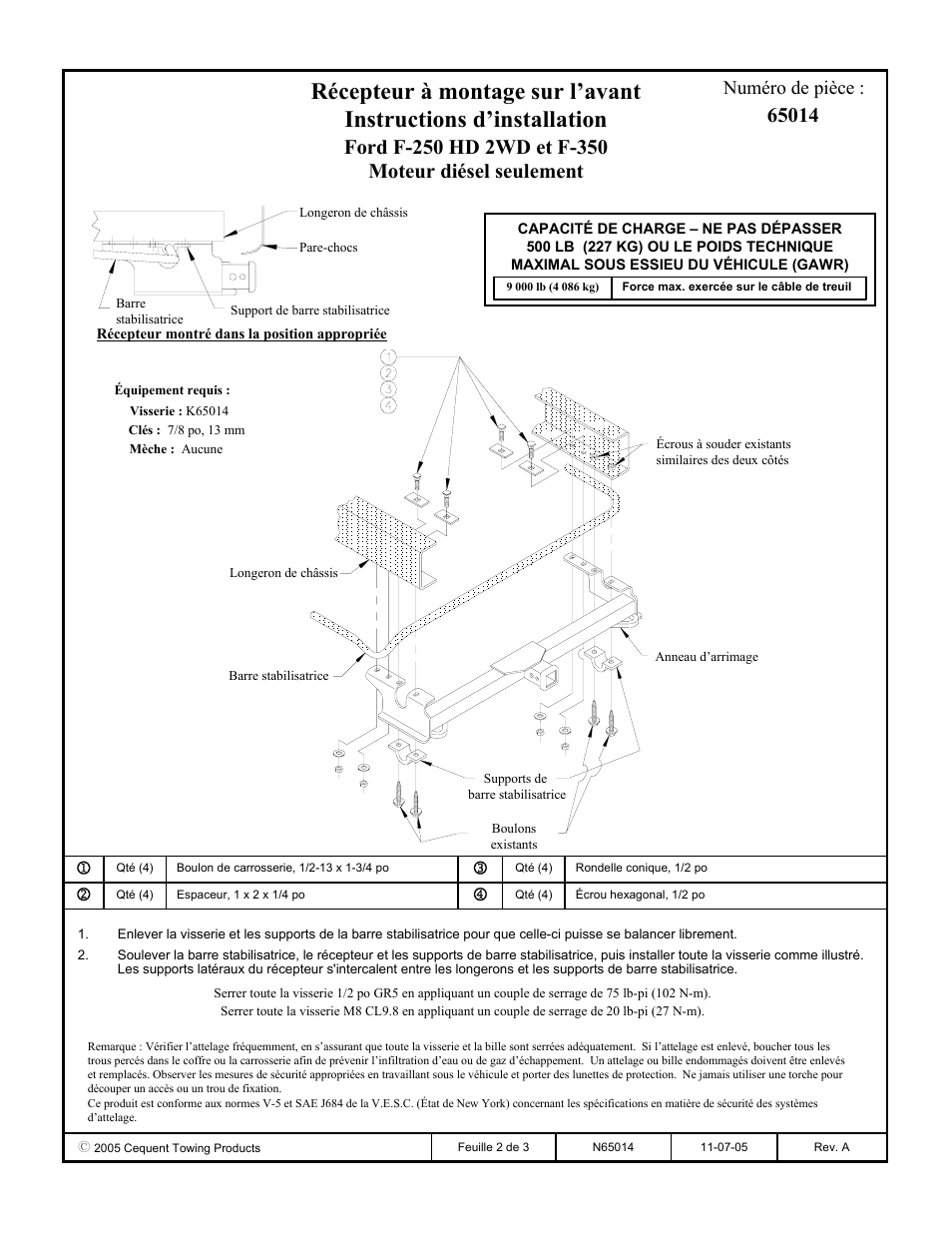 Numéro de pièce | Draw-Tite 65014 FRONT MOUNT RECEIVER User Manual | Page 2 / 3