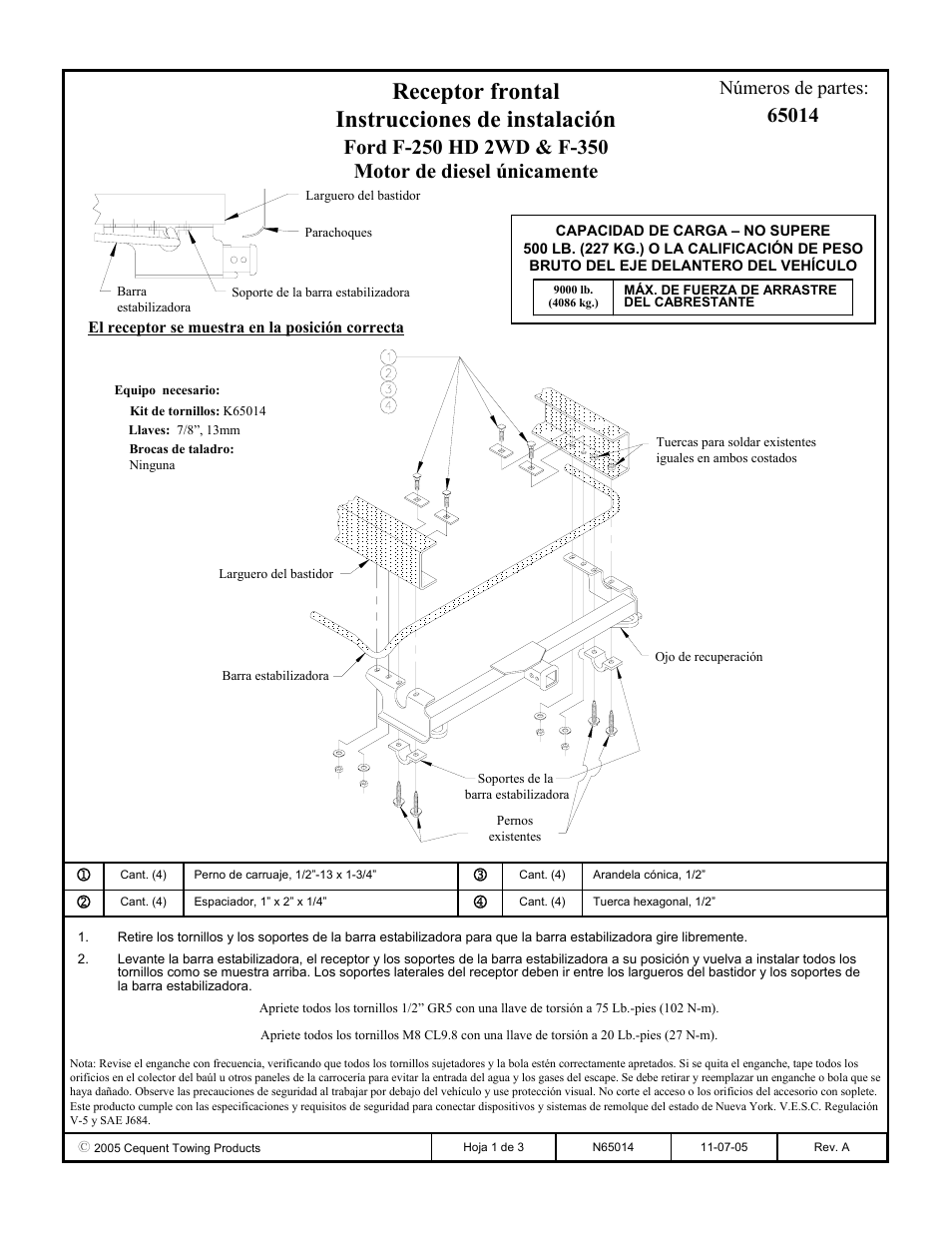 Receptor frontal instrucciones de instalación, Números de partes | Draw-Tite 65014 FRONT MOUNT RECEIVER User Manual | Page 3 / 3