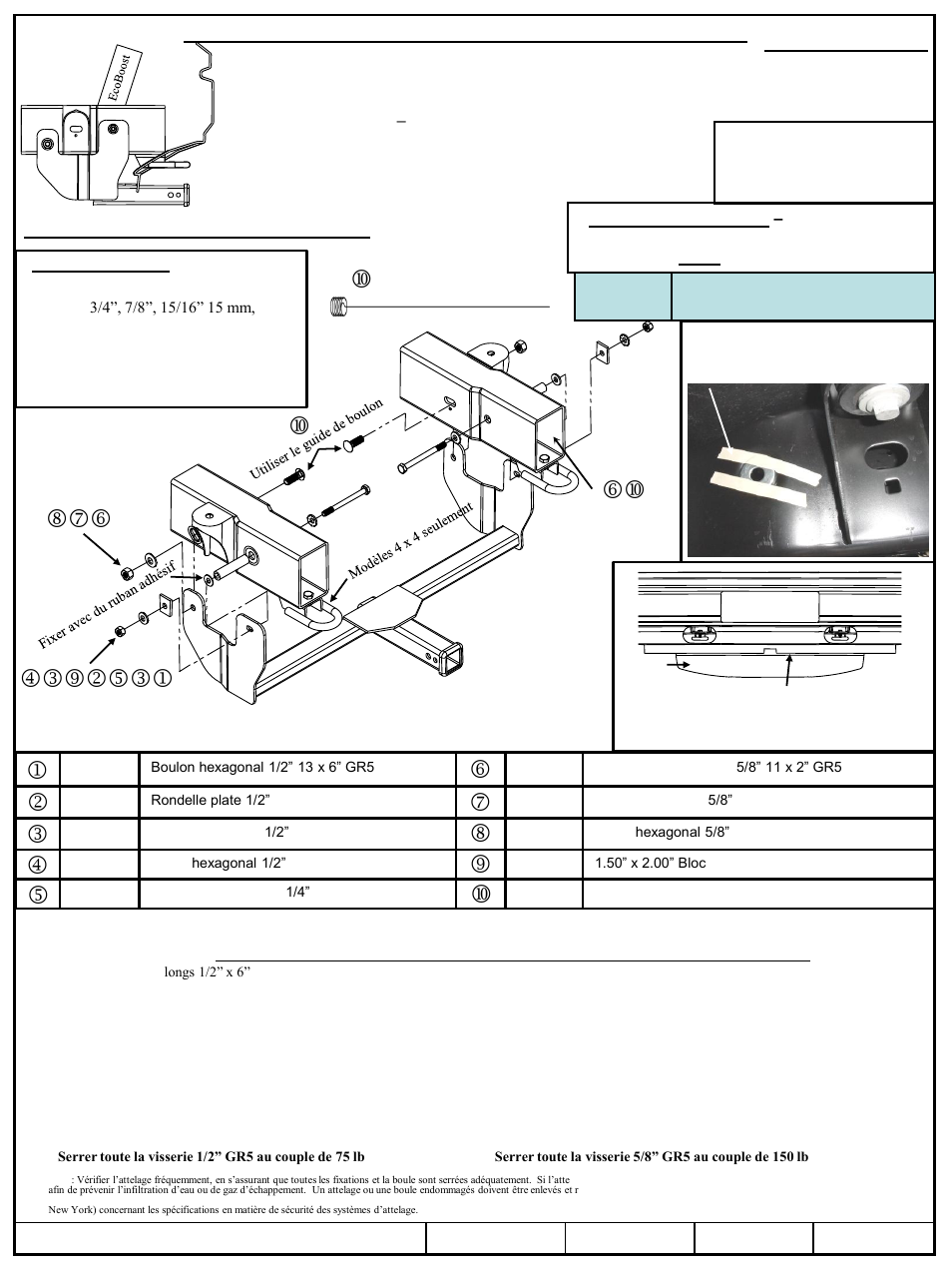 Sn s, Numéro de pièce | Draw-Tite 65061 FRONT MOUNT RECEIVER User Manual | Page 2 / 3