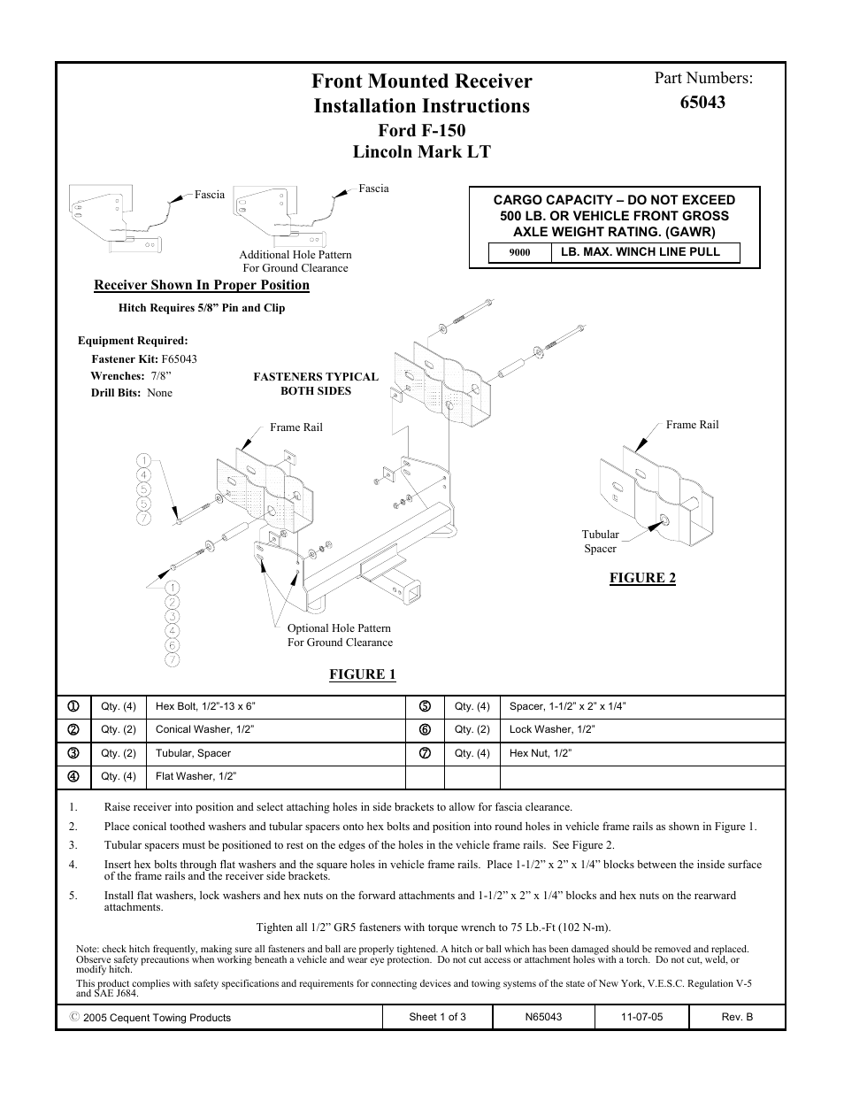 Draw-Tite 65043 FRONT MOUNT RECEIVER User Manual | 3 pages