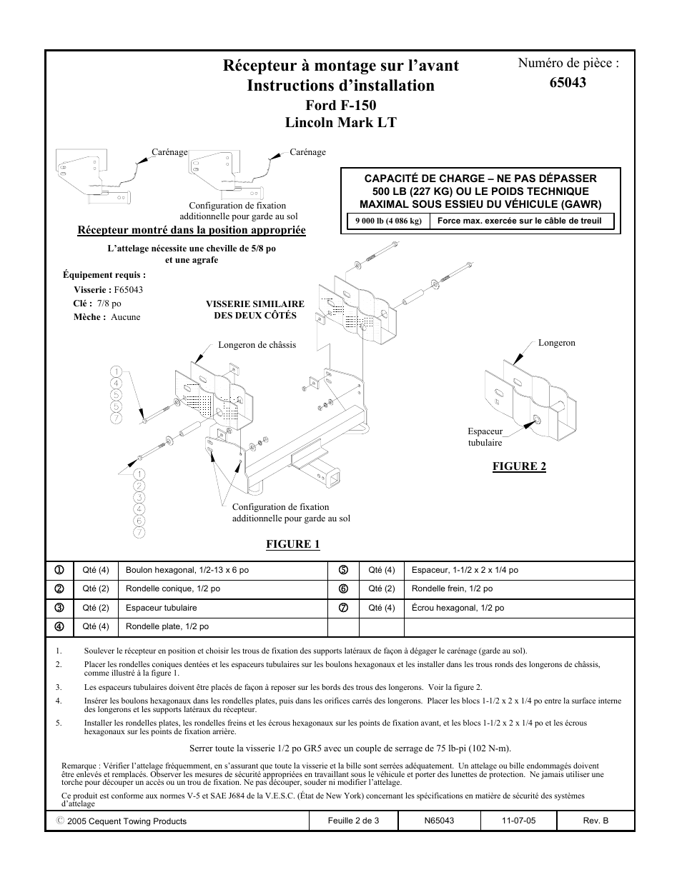 Ford f-150 lincoln mark lt, Numéro de pièce | Draw-Tite 65043 FRONT MOUNT RECEIVER User Manual | Page 2 / 3