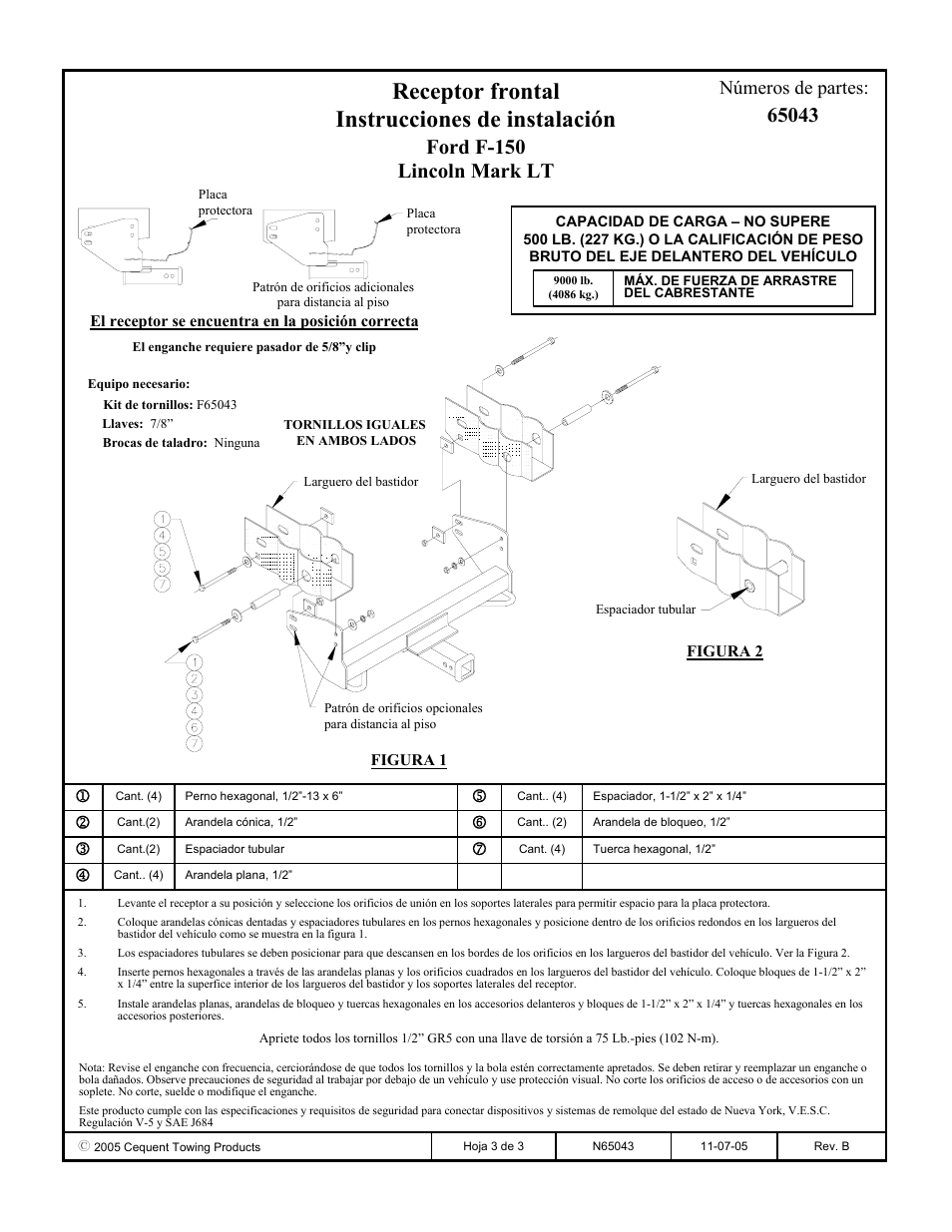 Receptor frontal instrucciones de instalación, Ford f-150 lincoln mark lt, Números de partes | Draw-Tite 65043 FRONT MOUNT RECEIVER User Manual | Page 3 / 3