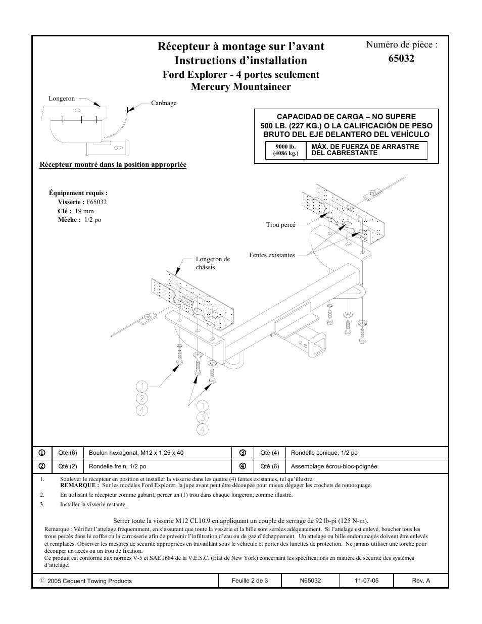 Numéro de pièce | Draw-Tite 65032 FRONT MOUNT RECEIVER User Manual | Page 2 / 3