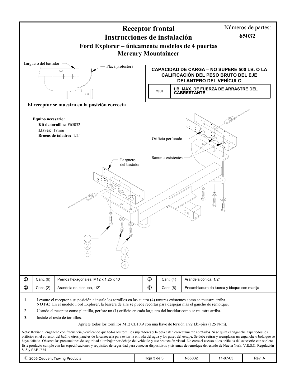 Receptor frontal instrucciones de instalación, Números de partes | Draw-Tite 65032 FRONT MOUNT RECEIVER User Manual | Page 3 / 3