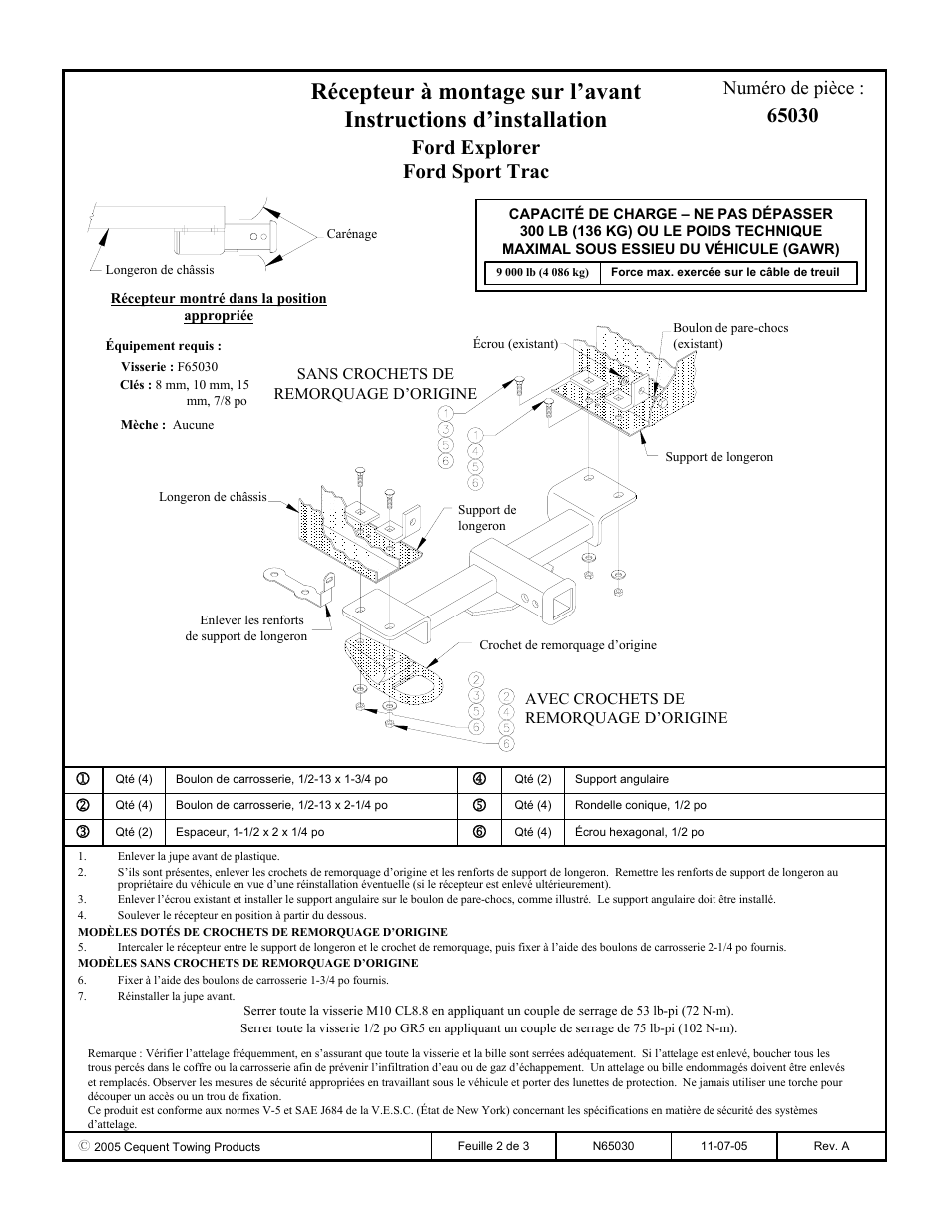 Ford explorer ford sport trac, Numéro de pièce | Draw-Tite 65030 FRONT MOUNT RECEIVER User Manual | Page 2 / 3