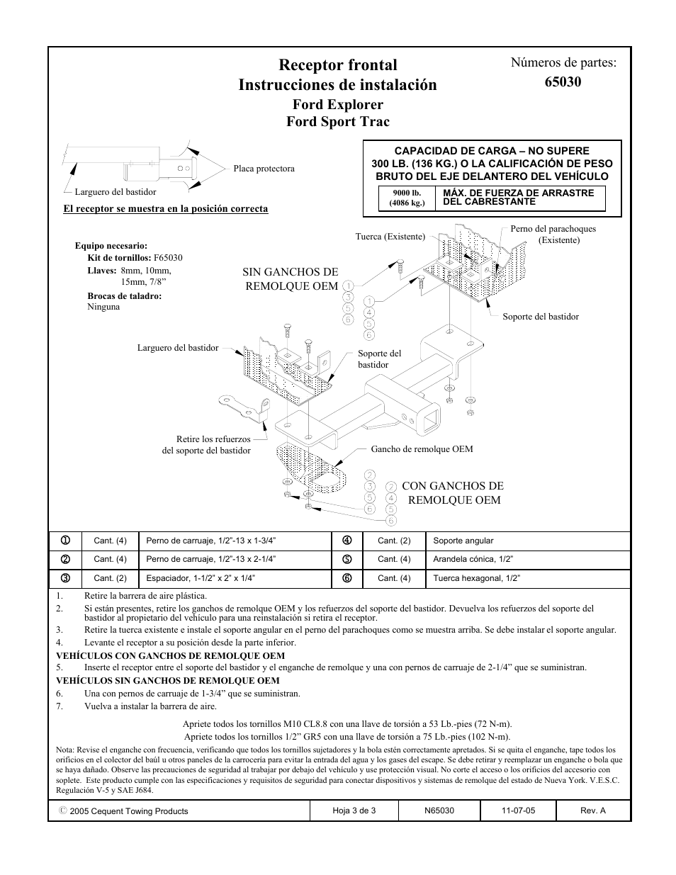 Receptor frontal instrucciones de instalación, Ford explorer ford sport trac, Números de partes | Draw-Tite 65030 FRONT MOUNT RECEIVER User Manual | Page 3 / 3