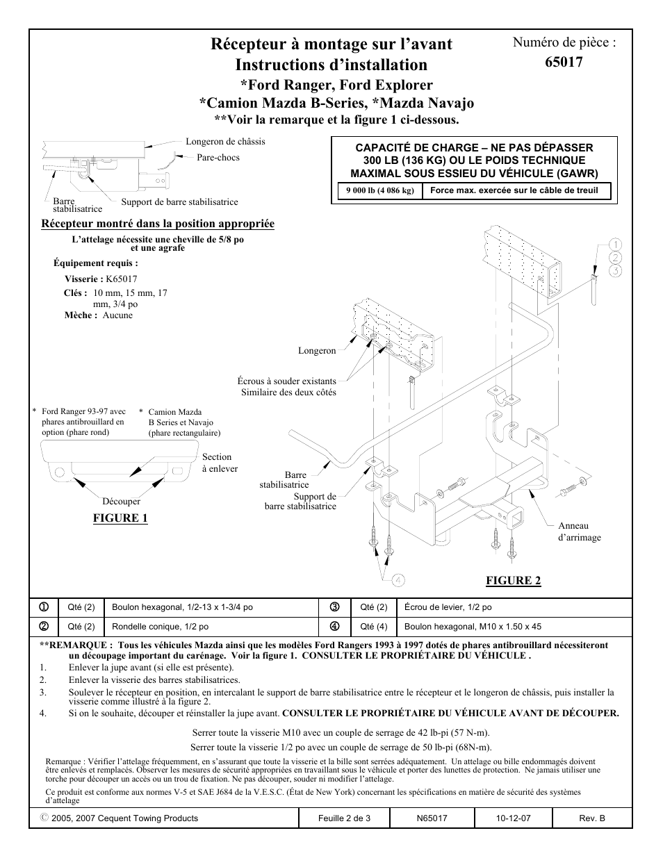 Numéro de pièce, Voir la remarque et la figure 1 ci-dessous | Draw-Tite 65017 FRONT MOUNT RECEIVER User Manual | Page 2 / 3