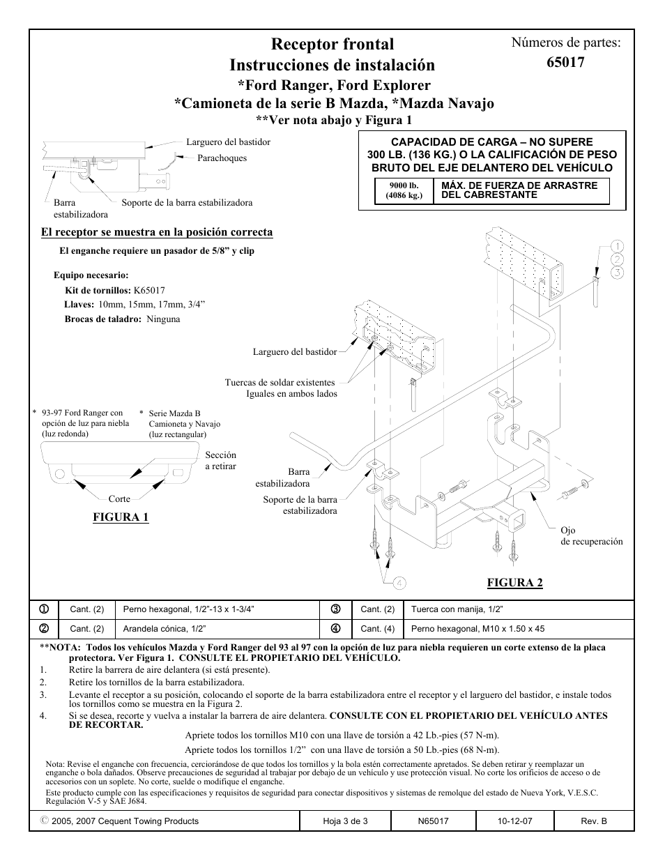 Receptor frontal instrucciones de instalación, Números de partes, Ver nota abajo y figura 1 | Draw-Tite 65017 FRONT MOUNT RECEIVER User Manual | Page 3 / 3