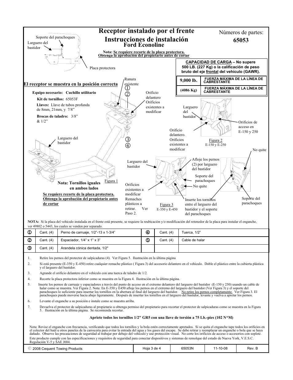 Ford econoline, Números de partes | Draw-Tite 65053 FRONT MOUNT RECEIVER User Manual | Page 3 / 4