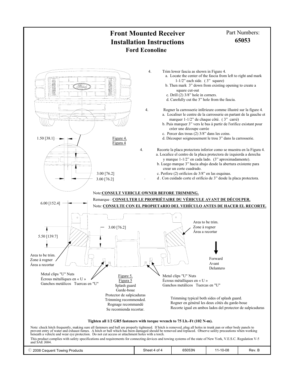 Front mounted receiver installation instructions, Ford econoline, Part numbers | Draw-Tite 65053 FRONT MOUNT RECEIVER User Manual | Page 4 / 4