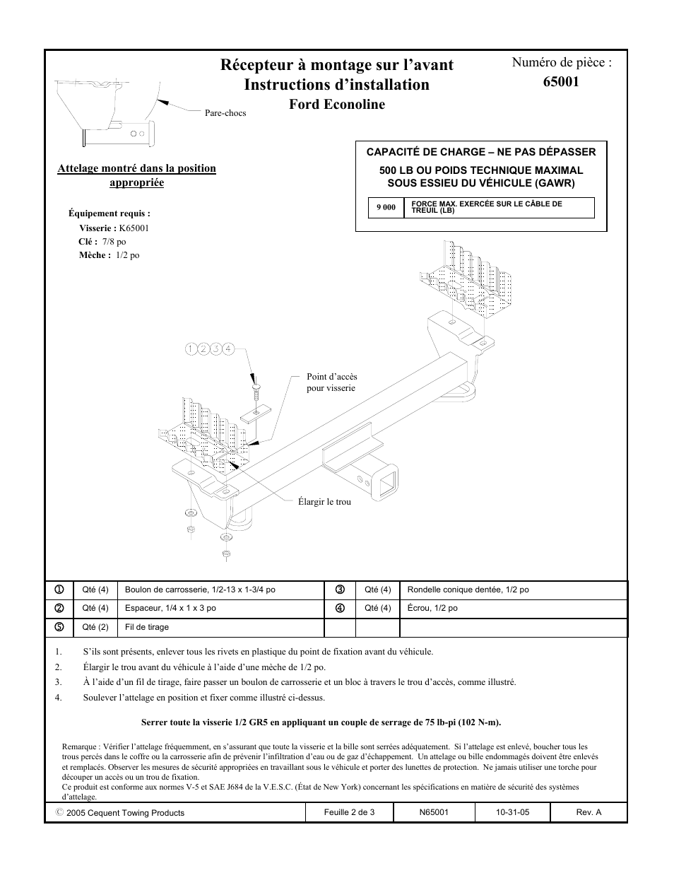 Ford econoline, Numéro de pièce | Draw-Tite 65001 FRONT MOUNT RECEIVER User Manual | Page 2 / 3