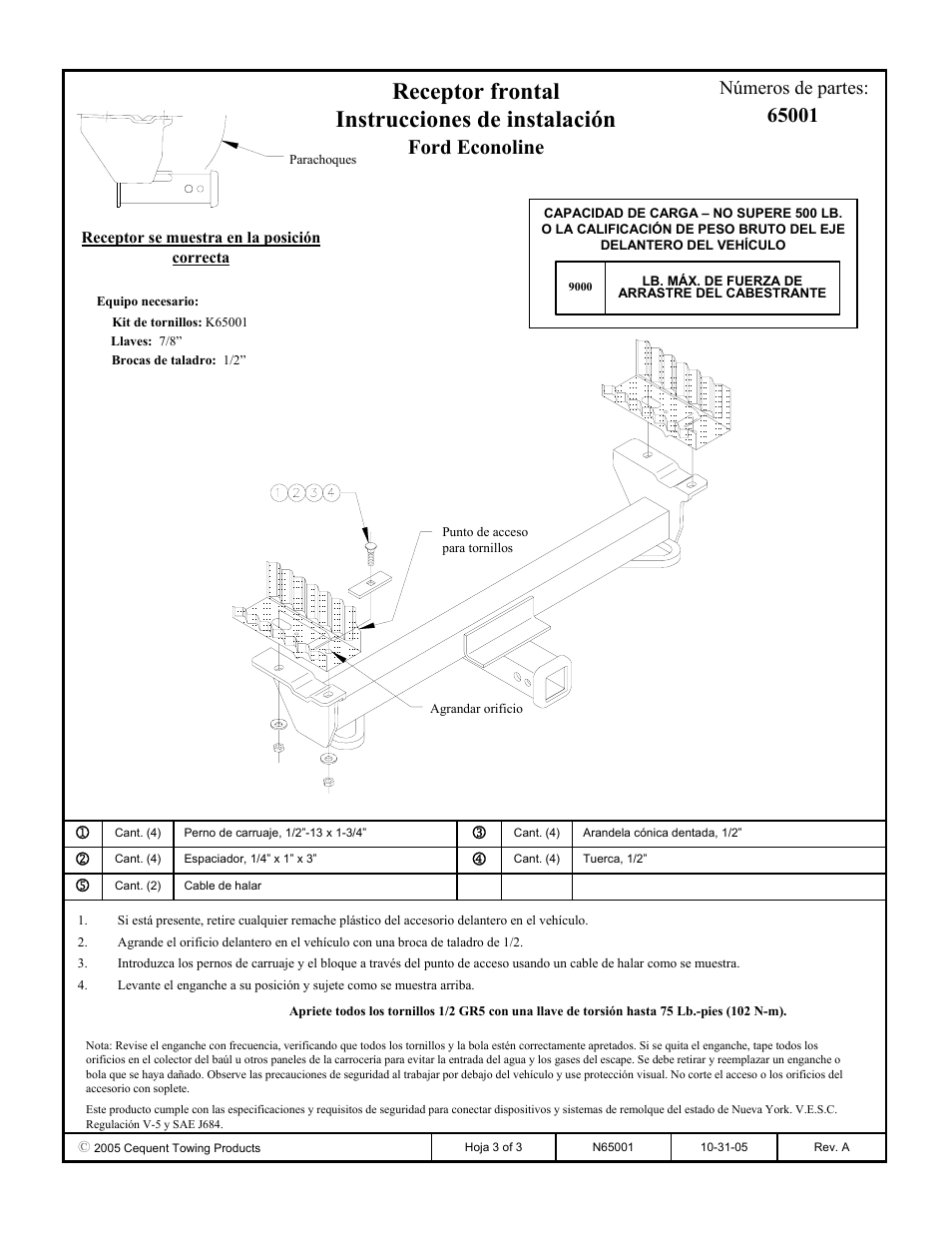 Receptor frontal instrucciones de instalación, Ford econoline, Números de partes | Draw-Tite 65001 FRONT MOUNT RECEIVER User Manual | Page 3 / 3