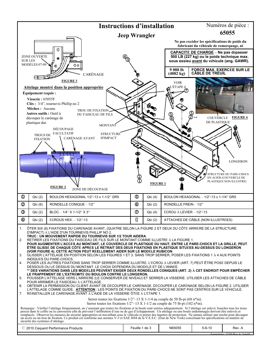 Instructions d’installation, Jeep wrangler, Numéros de pièce | Draw-Tite 65055 FRONT MOUNT RECEIVER User Manual | Page 2 / 3