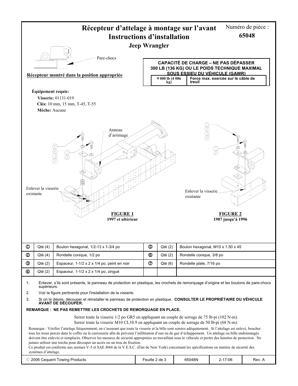 Jeep wrangler, Numéro de pièce | Draw-Tite 65048 FRONT MOUNT RECEIVER User Manual | Page 2 / 3