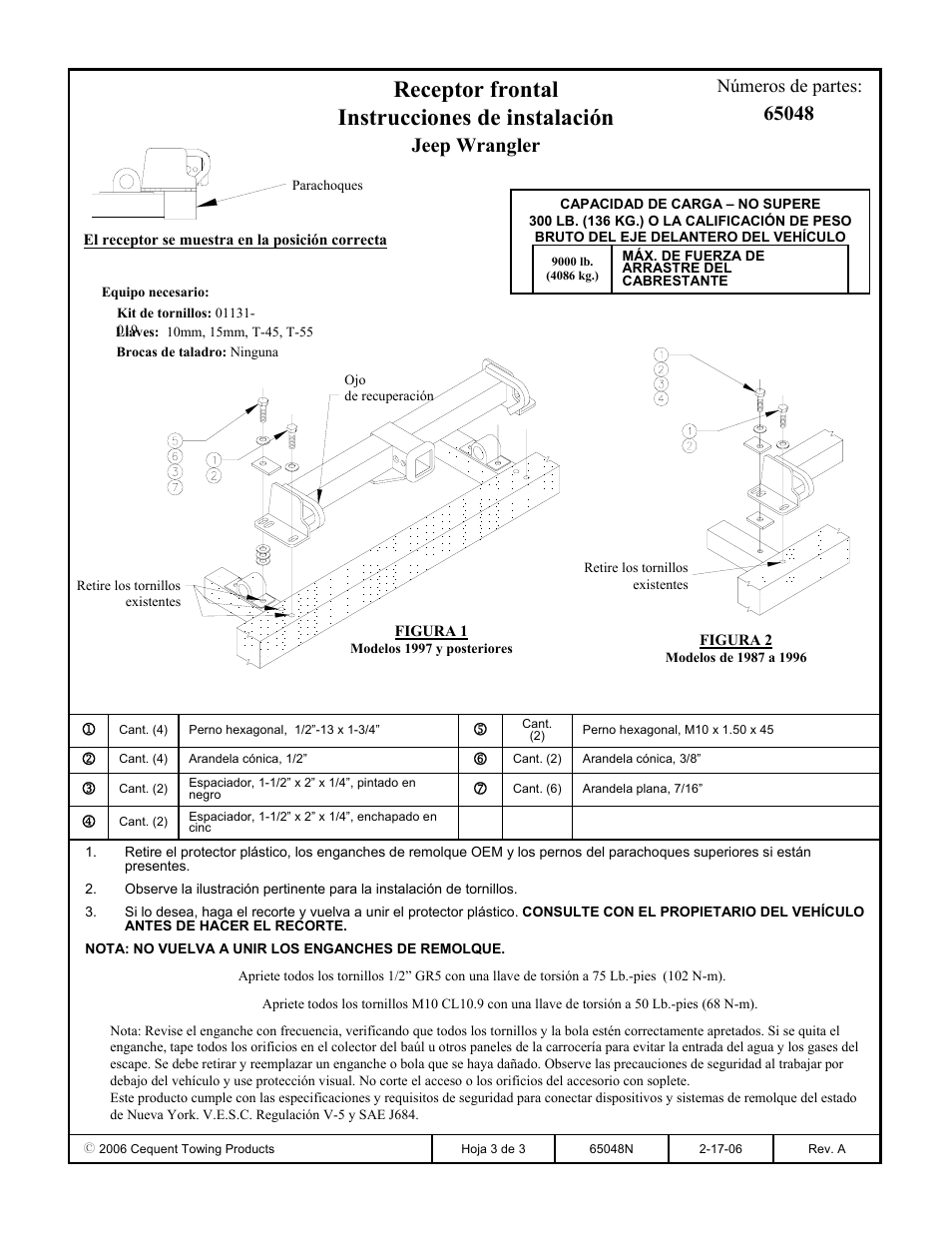 Receptor frontal instrucciones de instalación, Jeep wrangler, Números de partes | Draw-Tite 65048 FRONT MOUNT RECEIVER User Manual | Page 3 / 3