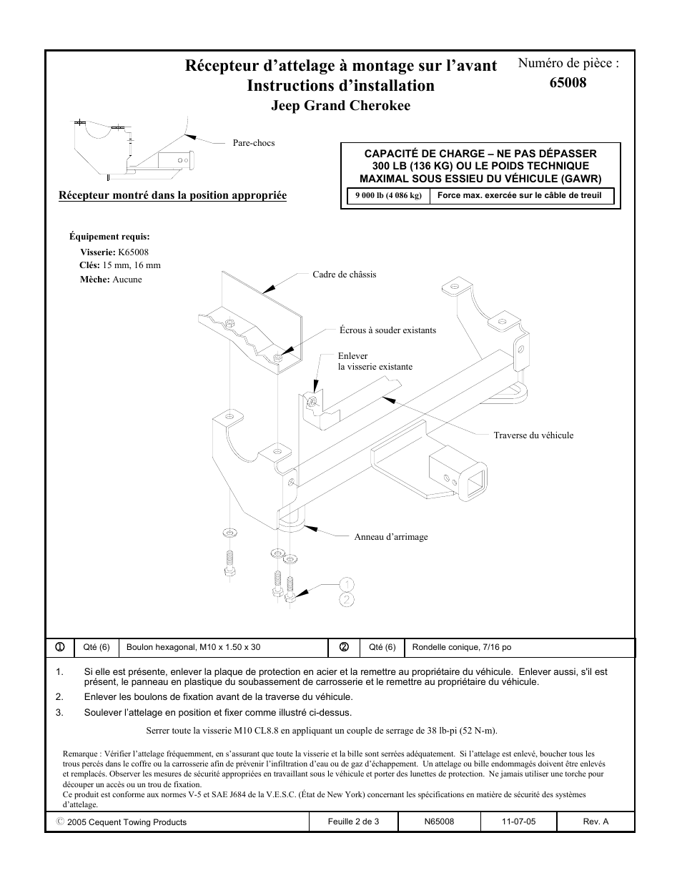 Jeep grand cherokee, Numéro de pièce | Draw-Tite 65008 FRONT MOUNT RECEIVER User Manual | Page 2 / 3