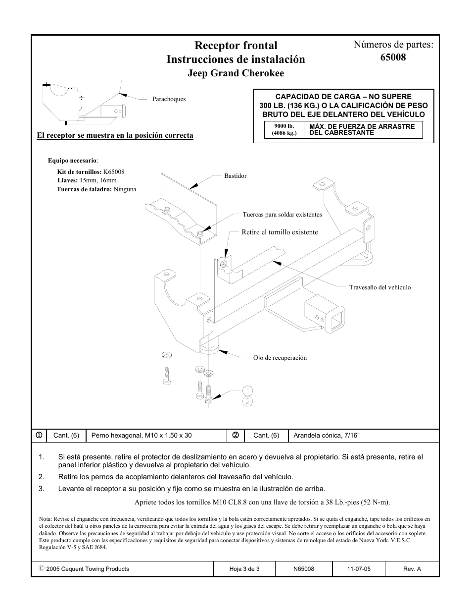 Receptor frontal instrucciones de instalación | Draw-Tite 65008 FRONT MOUNT RECEIVER User Manual | Page 3 / 3