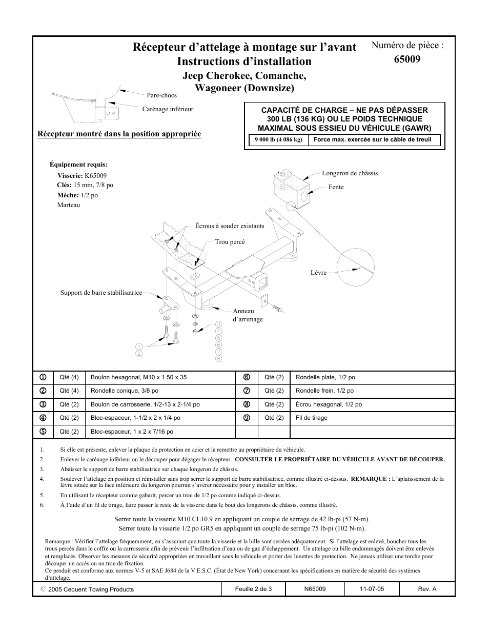 Jeep cherokee, comanche, wagoneer (downsize), Numéro de pièce | Draw-Tite 65009 FRONT MOUNT RECEIVER User Manual | Page 2 / 3