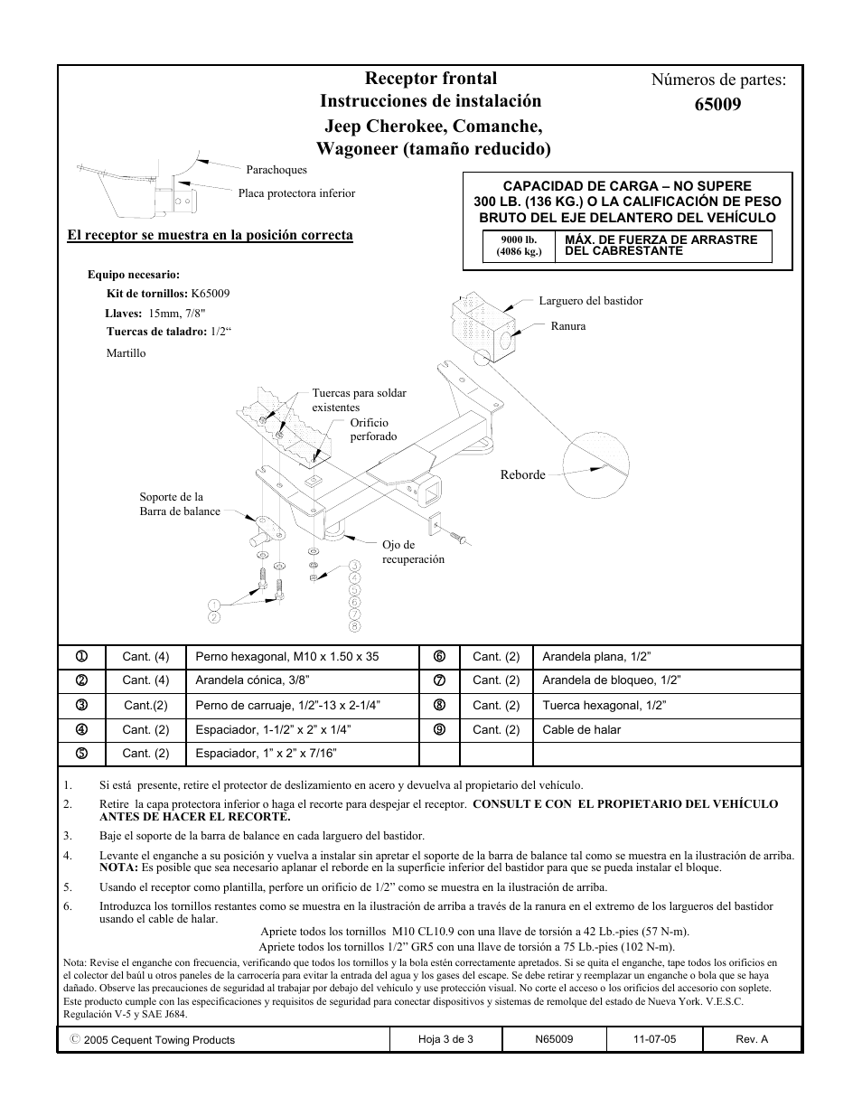 Números de partes | Draw-Tite 65009 FRONT MOUNT RECEIVER User Manual | Page 3 / 3