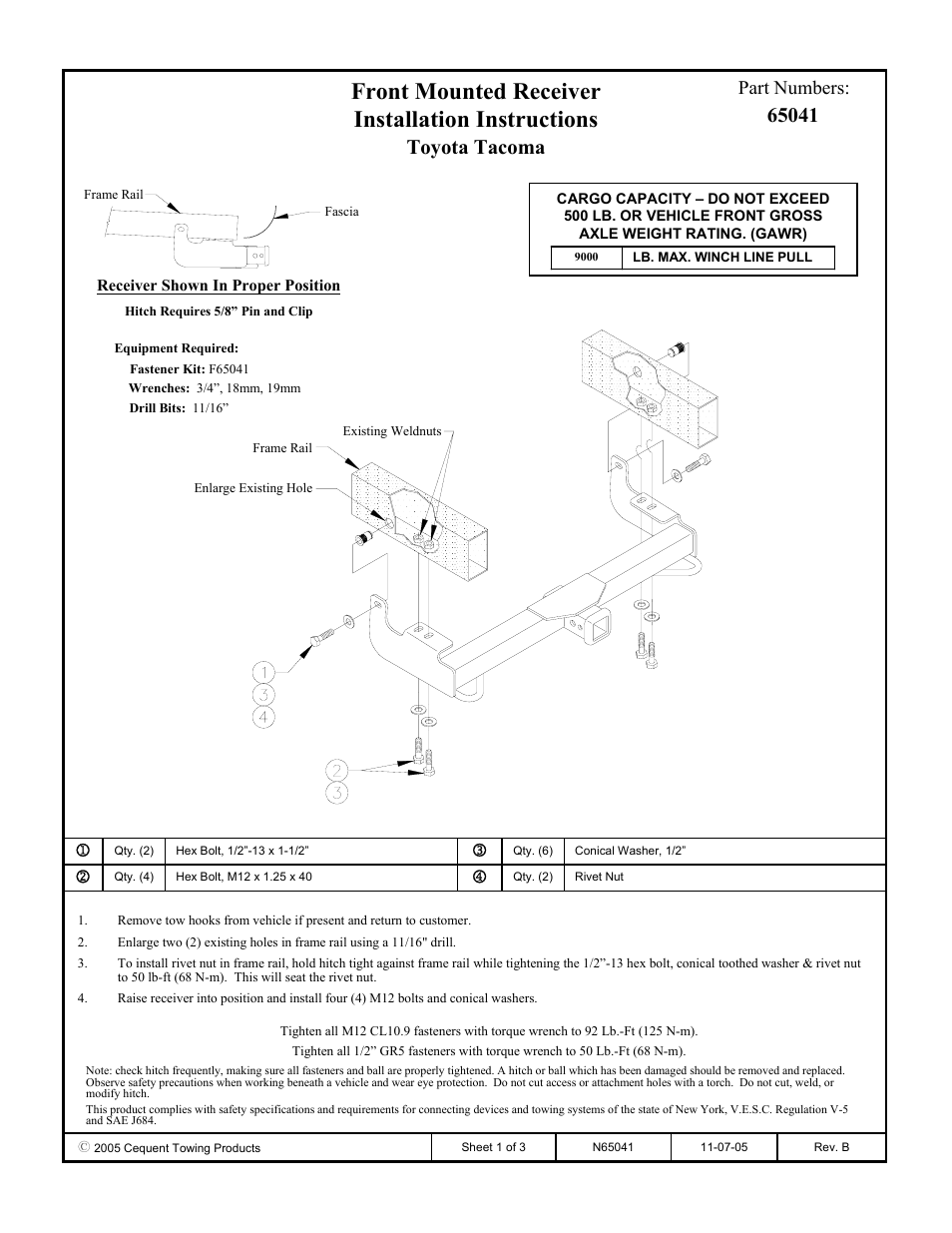 Draw-Tite 65041 FRONT MOUNT RECEIVER User Manual | 3 pages