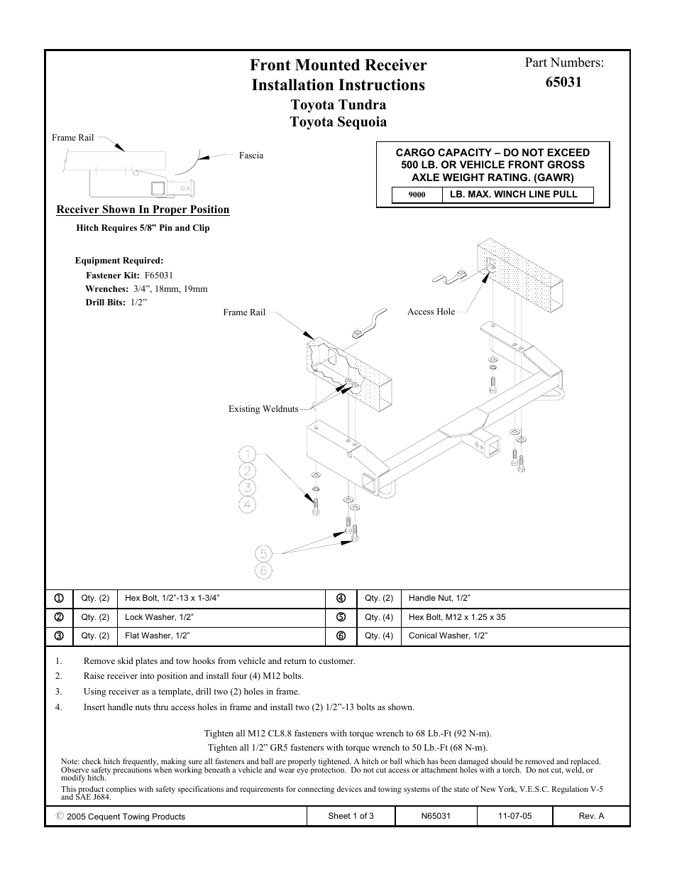 Draw-Tite 65031 FRONT MOUNT RECEIVER User Manual | 3 pages