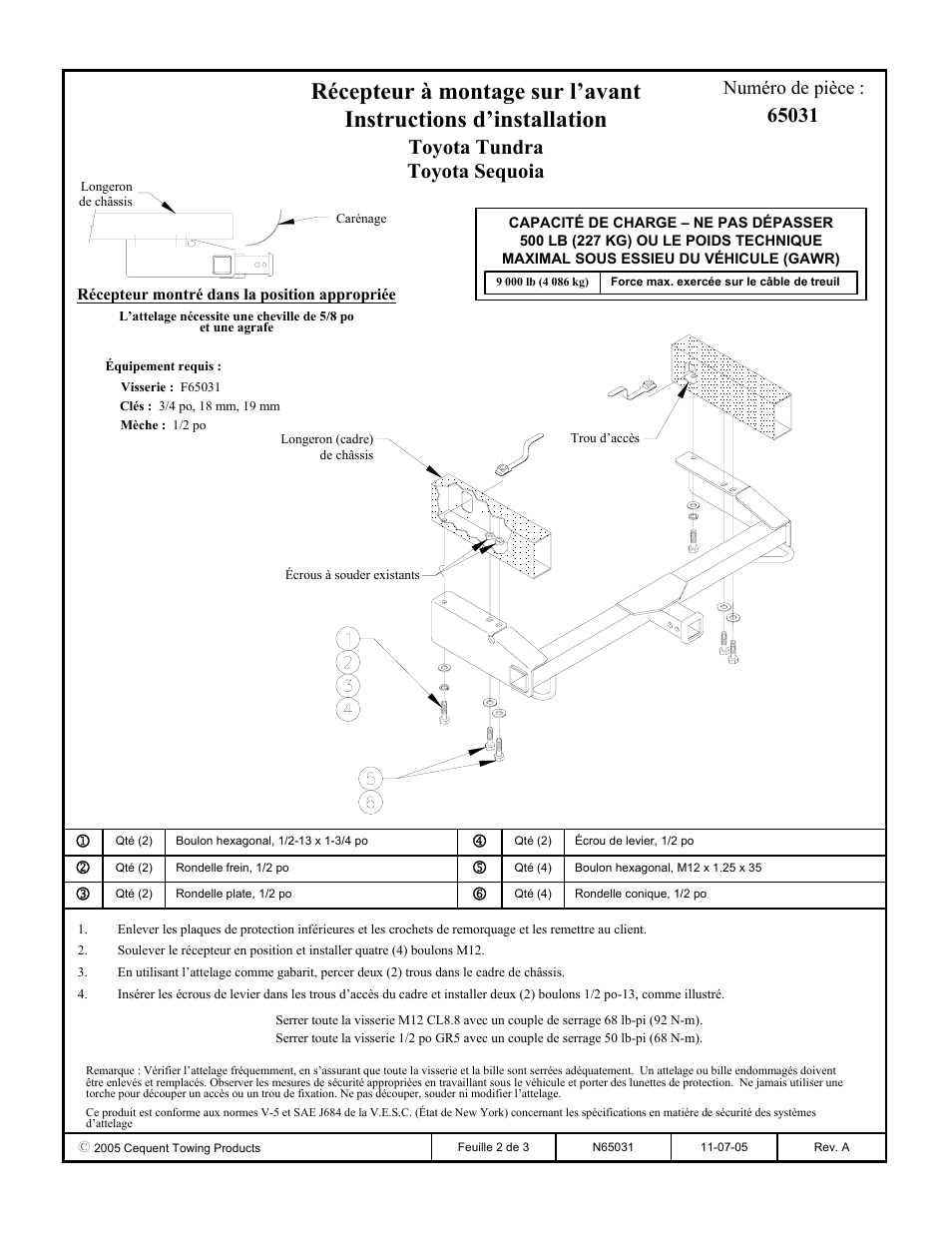 Toyota tundra toyota sequoia, Numéro de pièce | Draw-Tite 65031 FRONT MOUNT RECEIVER User Manual | Page 2 / 3