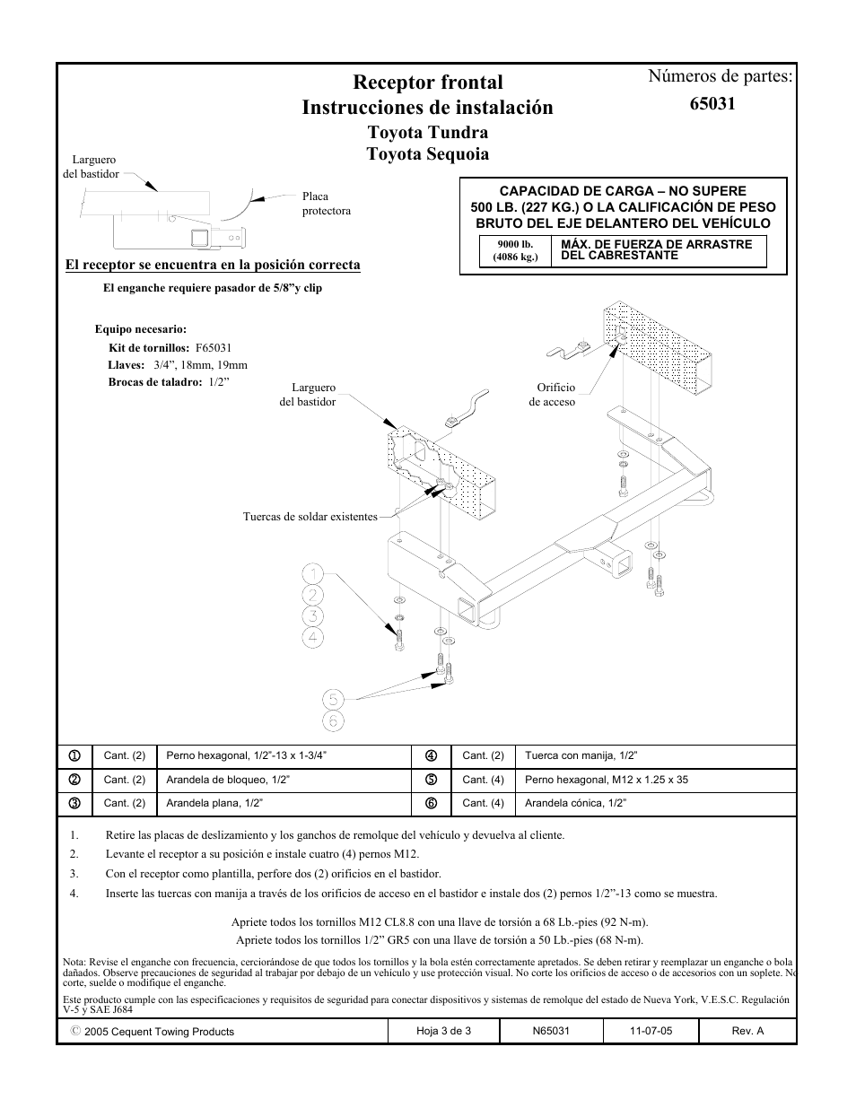Receptor frontal instrucciones de instalación | Draw-Tite 65031 FRONT MOUNT RECEIVER User Manual | Page 3 / 3