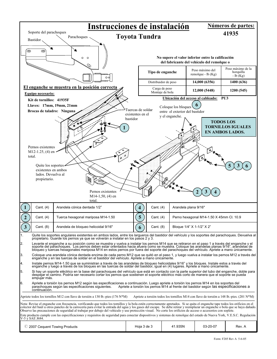 Instrucciones de instalación, Toyota tundra, Números de partes | Draw-Tite 41935 ULTRA FRAME RECEIVER User Manual | Page 3 / 3