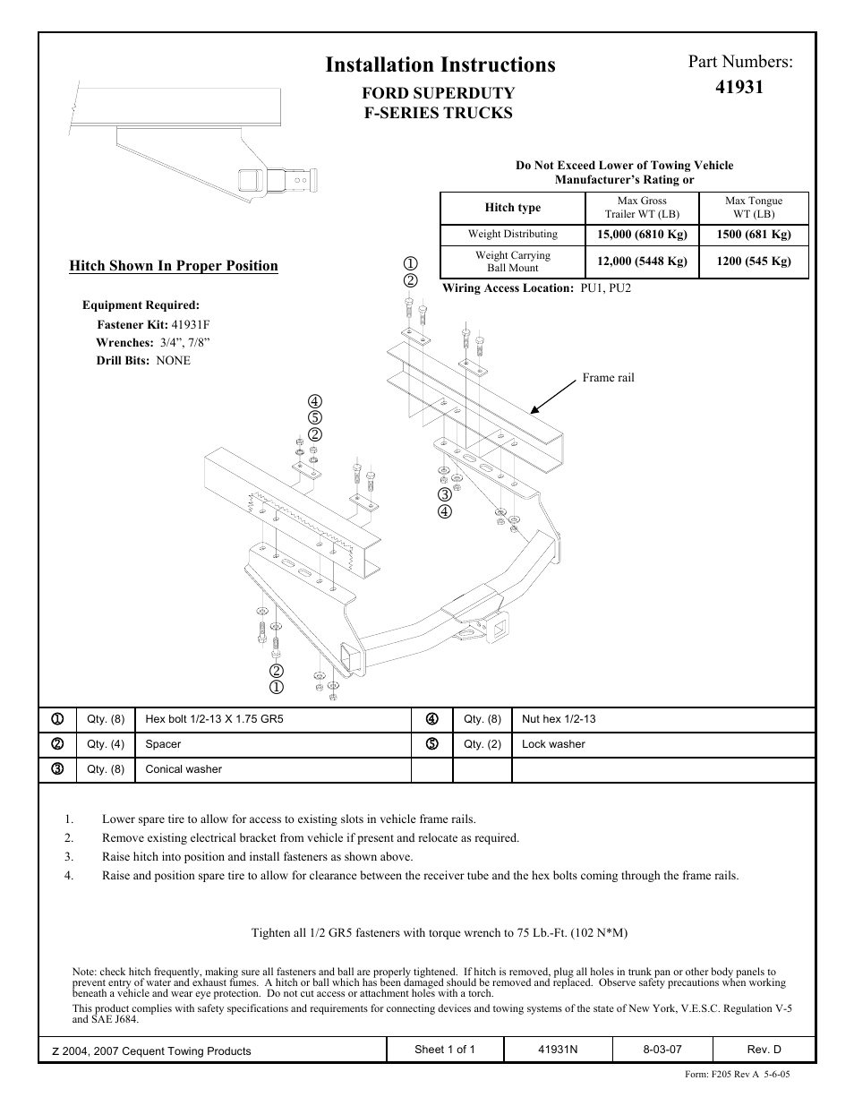 Draw-Tite 41931 ULTRA FRAME RECEIVER User Manual | 1 page